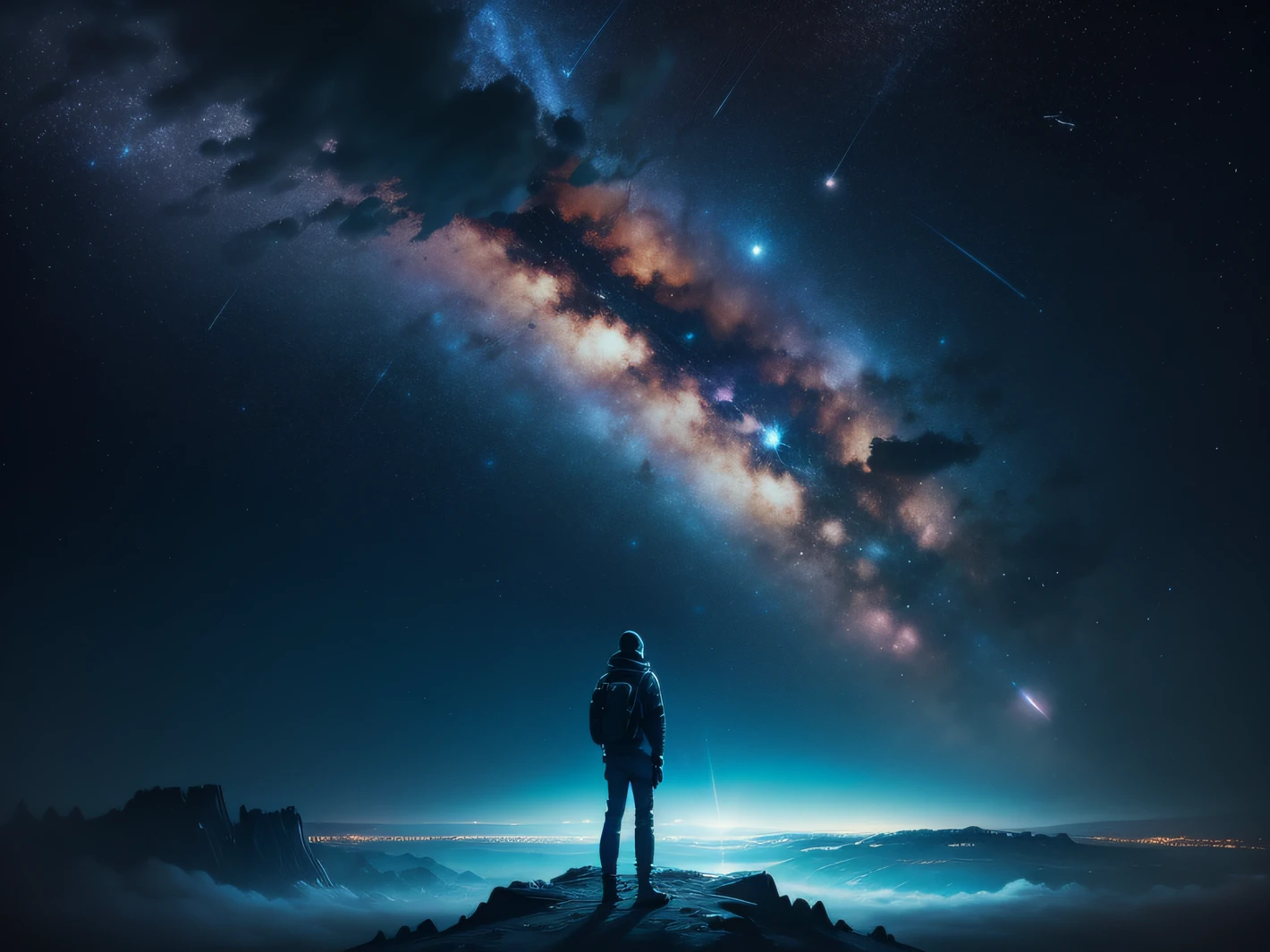 A landscape showing the sky full of star and a person from afar looking at the stars futuristic mode