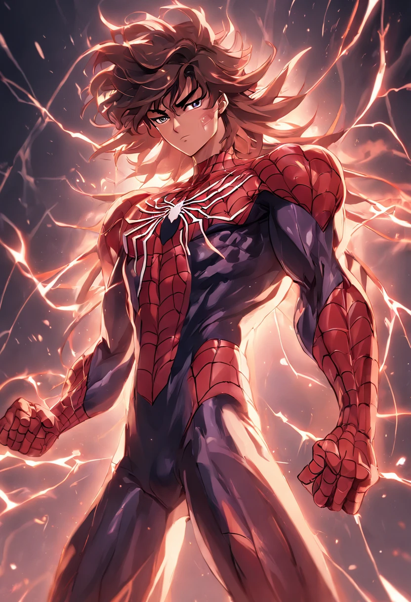Saint Seiya weairing spiderman suit，Full body like，combats，Close-up，of a real，Facial features are carefully depicted，Realistic skin texture，Dark style，depth of fields，high light，Real light，Ray traching，oc rendered，Hyper-realistic，best qualtiy，8K，Works of masters，super-fine，Detailed pubic hair，Correct anatomy，sharp focus on eyes，Bokeh，Facial features are carefully depicted