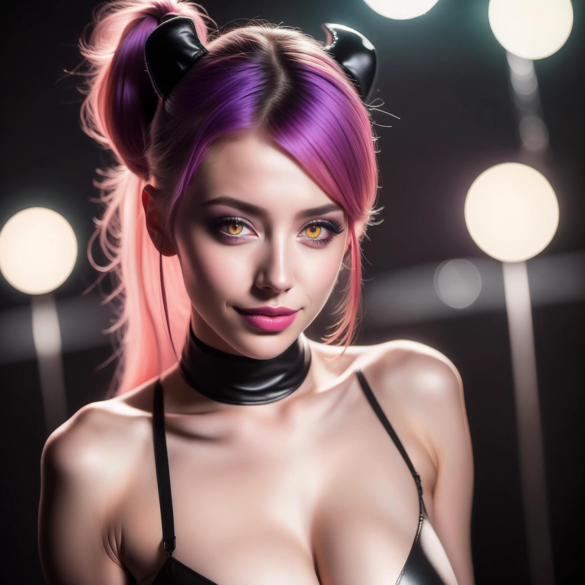 night scene, close up photo of a sexy naked girl, posing, look at a camera and smile, pink ponytail hair, (green eyes:0.8), cute young face, 18 yo, soft volumetric lights, (backlit:1.3), (cinematic:1.3), intricate details, (ArtStation:1.2) Professional, high angle photo shoot, black or empty background, meru the succubus. Purple skin, yellow eyes, big eyes, big lips. Professional dramatic lighting. Big detailed eyes. Detailed face. Eyeliner, contour, foundation. Big eyelashes, White lipstick, Looking up at the camera. Big breasts, glossy skin, Wet, oily skin. Latex gloves, Latex thigh highs, high heels. Long horns