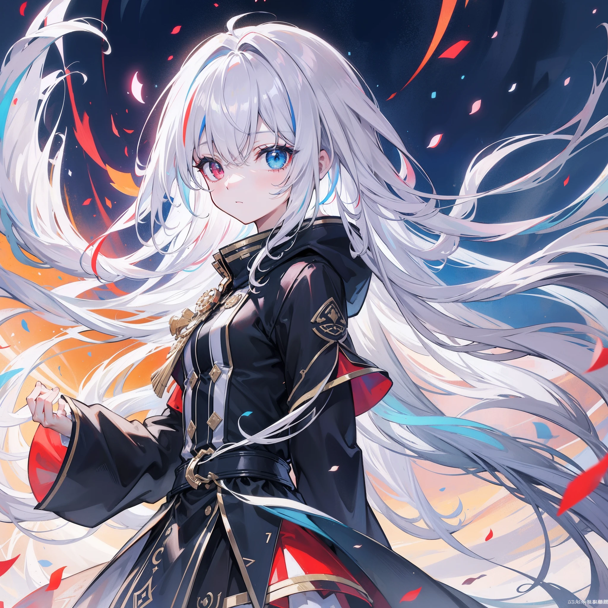 {{Masterpiece}}，Best quality at best，Very detailed CG unity 8K wallpaper，电影灯光，lens flare glow，beatiful detailed eyes，black in color，side looking，multicolour hair，Colorful light，particulate，Heterochromia，（a color：1.5），（The color hair:3.5),