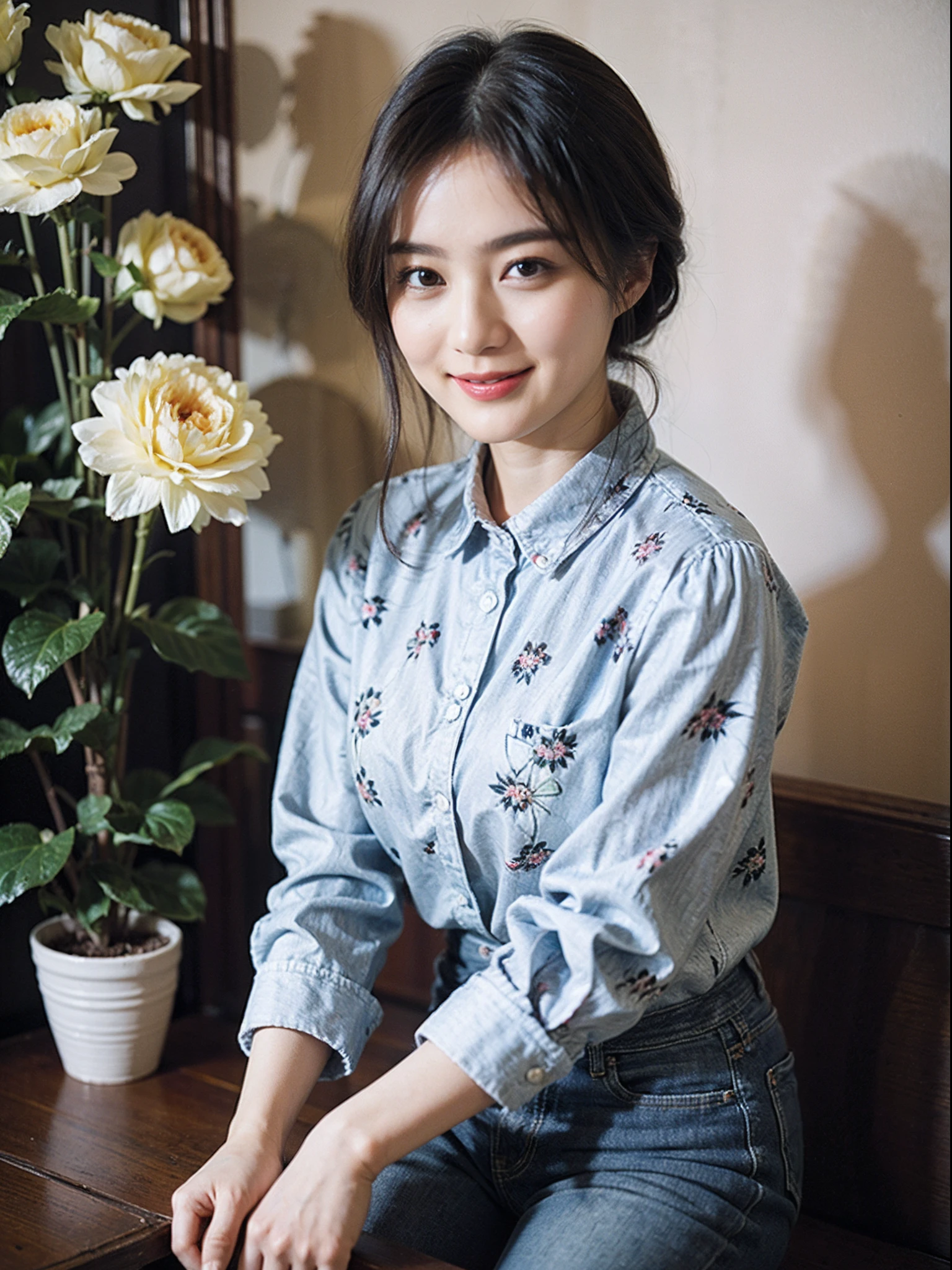 (Masterpiece)、((High-quality photos))、ultra-detailliert、((1beautiful woman))、((Jeans - Wear jeans))、((Long sleeve shirt with floral pattern))、((Black Shorthair))、((A slight smil)))、((breast))、paprika