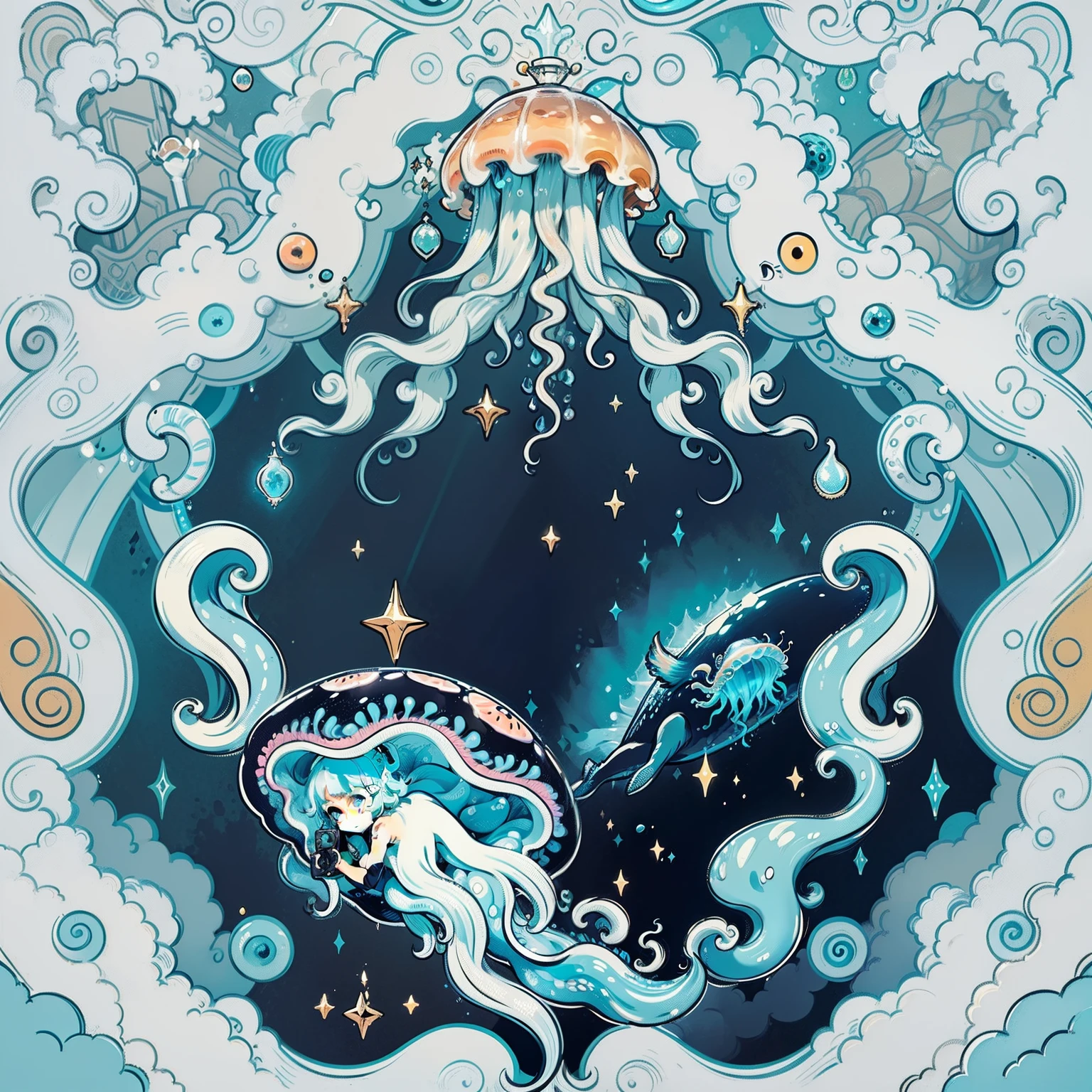 2.5D、Simple illustration style,The overall color scheme is diverse,Colorful color scheme,In the center of the picture is a giant jellyfish,(The tentacles of the jellyfish extend to the lower left corner 2.0),(There is whale 1 in the upper left corner.8),(On the lower left,There is a diver taking a photo of a jellyfish1.8),(The picture is surrounded by building 1 with a jellyfish roof.0),tmasterpiece