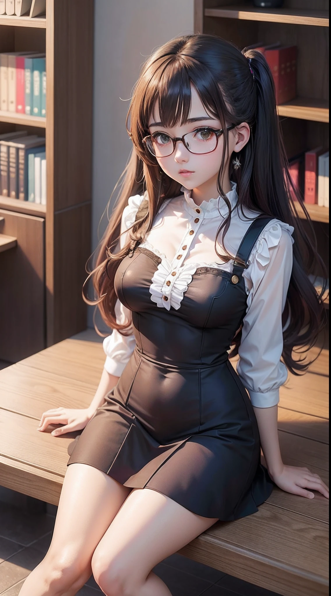 Anime girl in glasses sitting on a bench in front of a bookcase, menina anime sedutora, mulher bonita sedutora do anime, "Mulher de anime bonita, lindo anime sedutor adolescente, menina anime bonita, mulher bonita do anime, "Menina Anime, (menina anime), anime mulher fullbody arte, Estilo anime bonito, corpo intrincado, menina anime, personagem de anime; arte de corpo inteiro