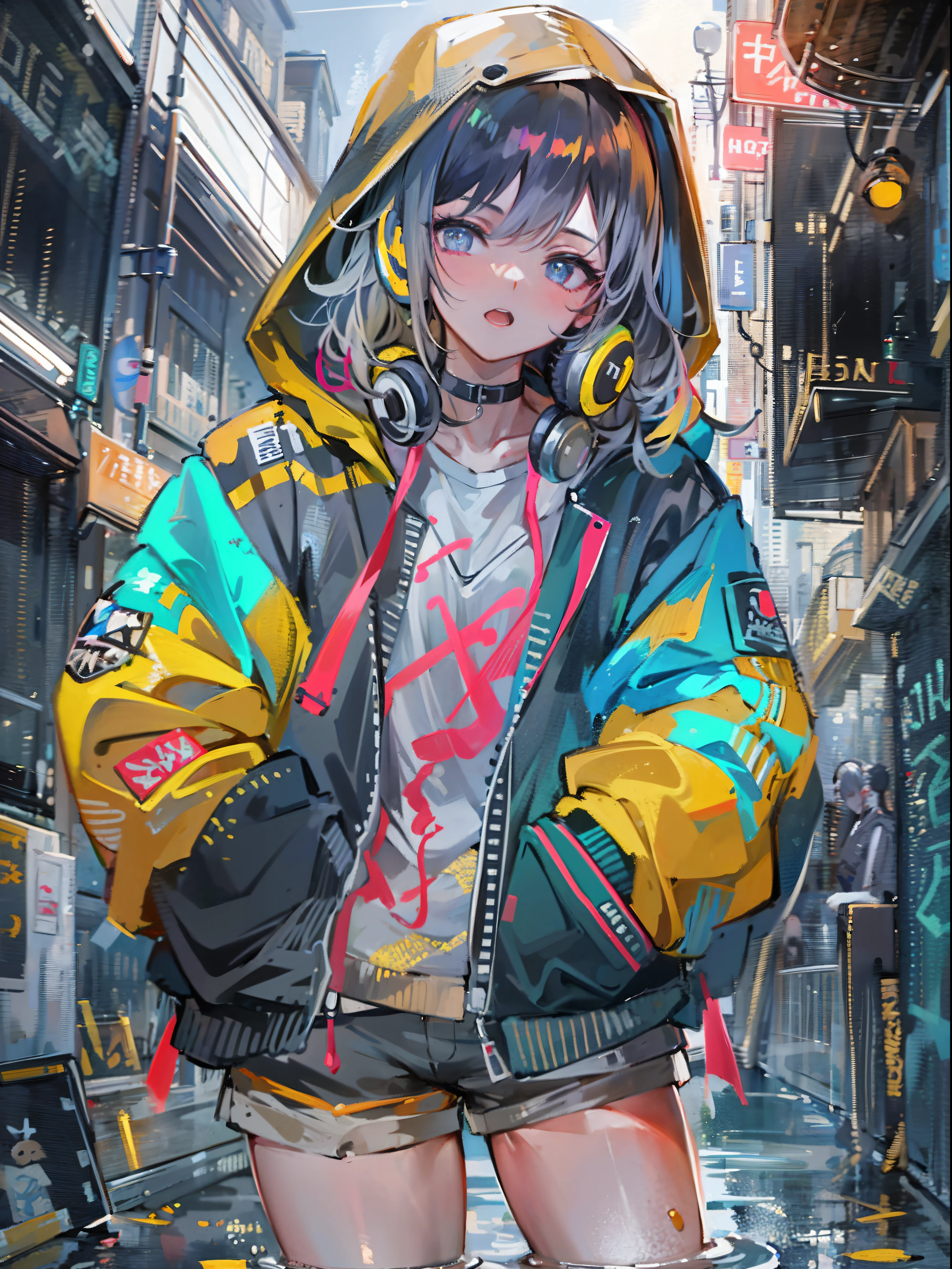 8K分辨率、((top-quality))、((masterpiece))、((ultra-detailliert))、1 woman、独奏、incredibly absurdness、Oversized hoodies、headphones、Street、plein air、Sateen、neons、Shortcut Hair、Brightly colored eyes、Hands in pockets、shortpants、water dripping