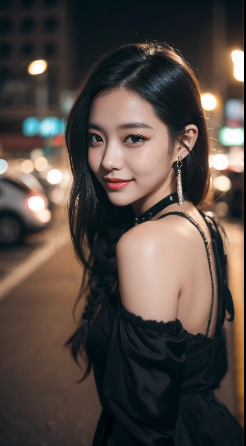 ((Best quality, 8K, Masterpiece:1.3, highres, Beautiful girl)), Cute, Detailed face, Detailed skin, Detailed eyes, Detailed lips, Detailed fingers, Photorealistic, Raw photo, Natural lighting, perfect anatomy, double eyelid, moist lips, toned legs, (off-shoulder black dress, braid hair, hair over one eye, black hair), looking at viewer, cyberpunk, bare shoulders, messy street, cars, buildings, neon, night, smile