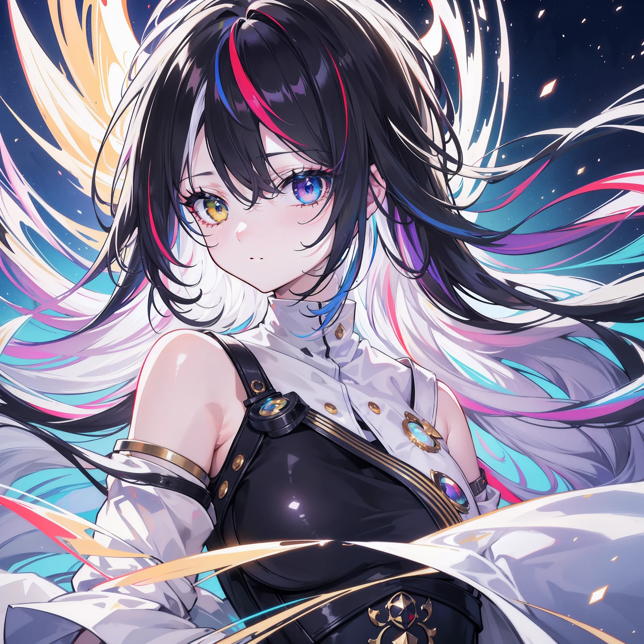 {{masterpiece}}, best quality, extremely detailed CG unity 8k wallpaper, cinematic lighting, lens flare, beautiful detail eyes, black, side glance, multicolor hair, colorful light, particles, heterochromia, (colorful:1.5), (colorful hair:1.5),