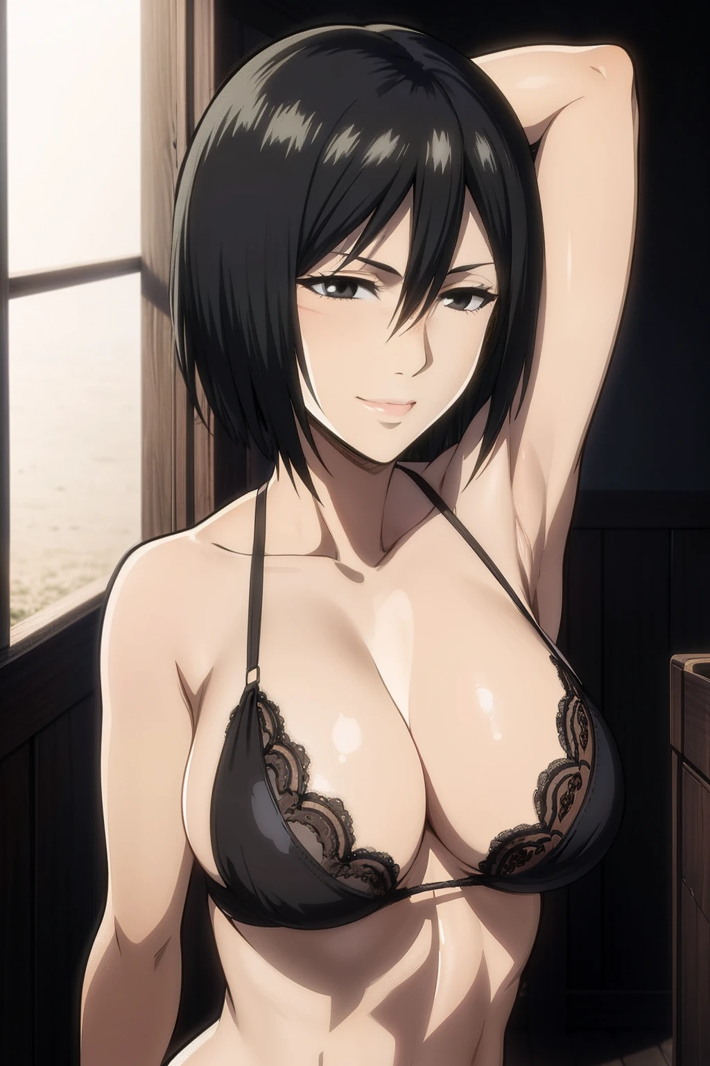 Dazzling, Armpits, intricate detailes, 1girl in, Mikasa Ackerman, (A dark-haired:1.3), hair between eye, short-haired, sideburns, s lips, shut, Yui, s lips, ​masterpiece, best qualtiy, hason, Baezon, Black eyes,Black eyes, muscle, medium breasts, gently smiling、Black underwear、Lace underwear、Erotic lace underwear
