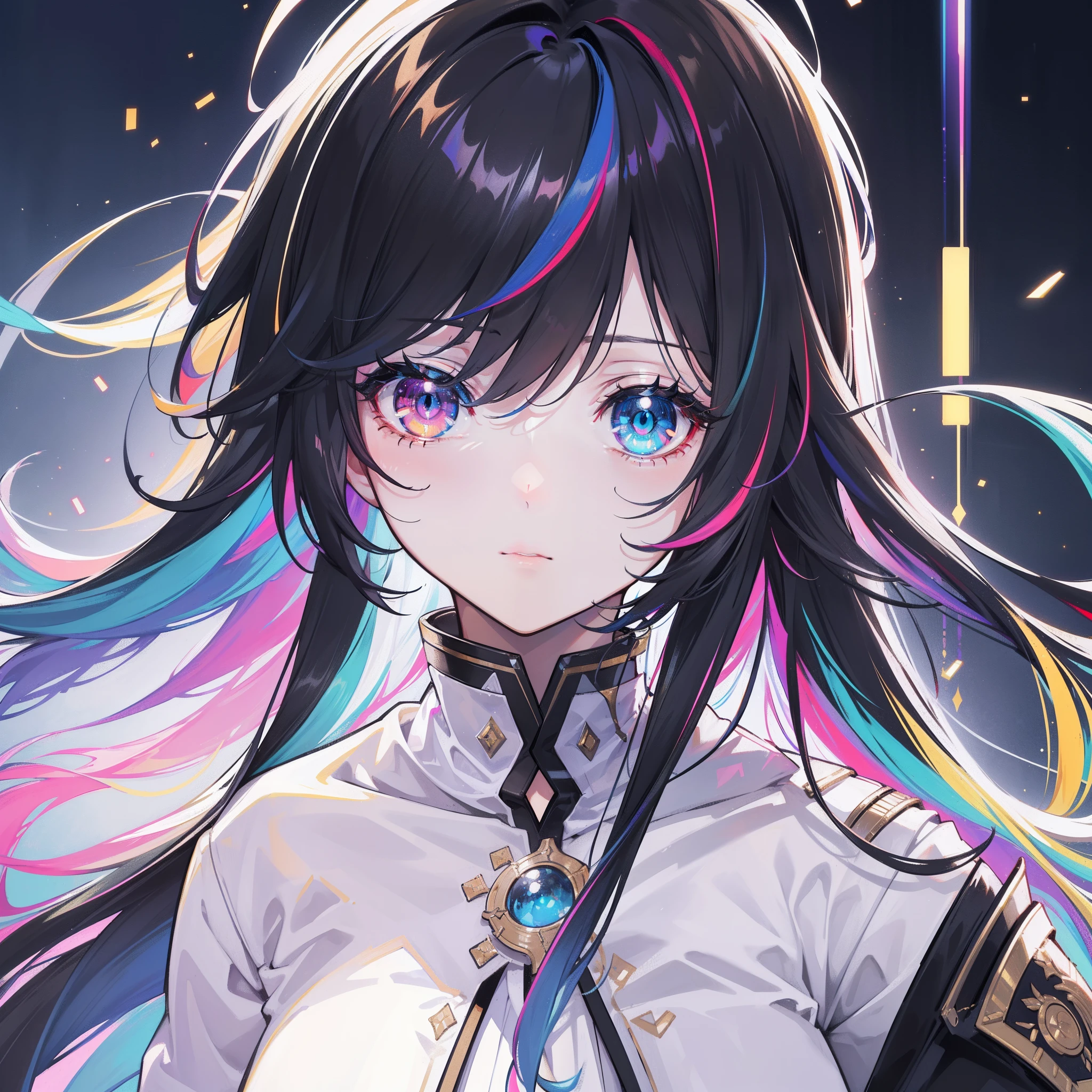 {{masterpiece}}, best quality, extremely detailed CG unity 8k wallpaper, cinematic lighting, lens flare, beautiful detail eyes, black, side glance, multicolor hair, colorful light, particles, heterochromia, (colorful:1.5), (colorful hair:1.5),