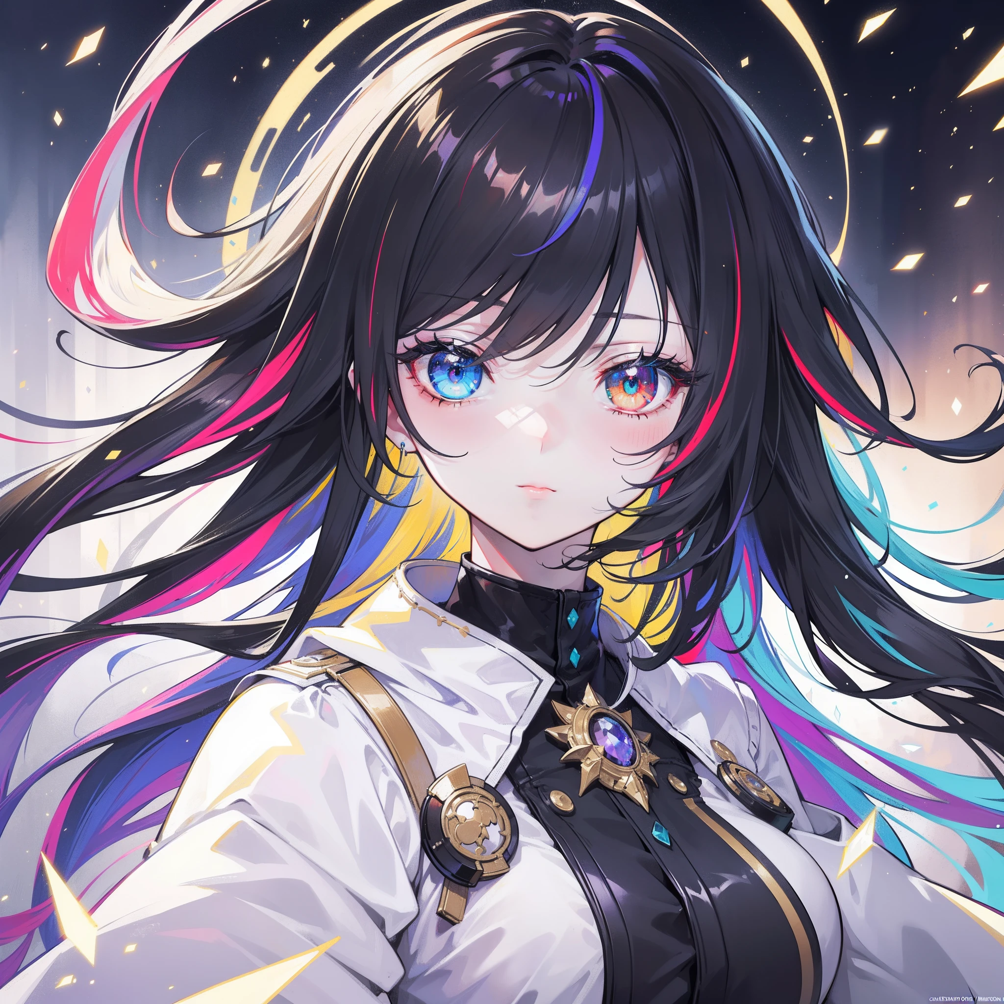 {{masterpiece}}, best quality, extremely detailed CG unity 8k wallpaper, cinematic lighting, lens flare, beautiful detail eyes, black, side glance, multicolor hair, colorful light, particles, heterochromia, (colorful:1.5), (colorful hair:1.5),