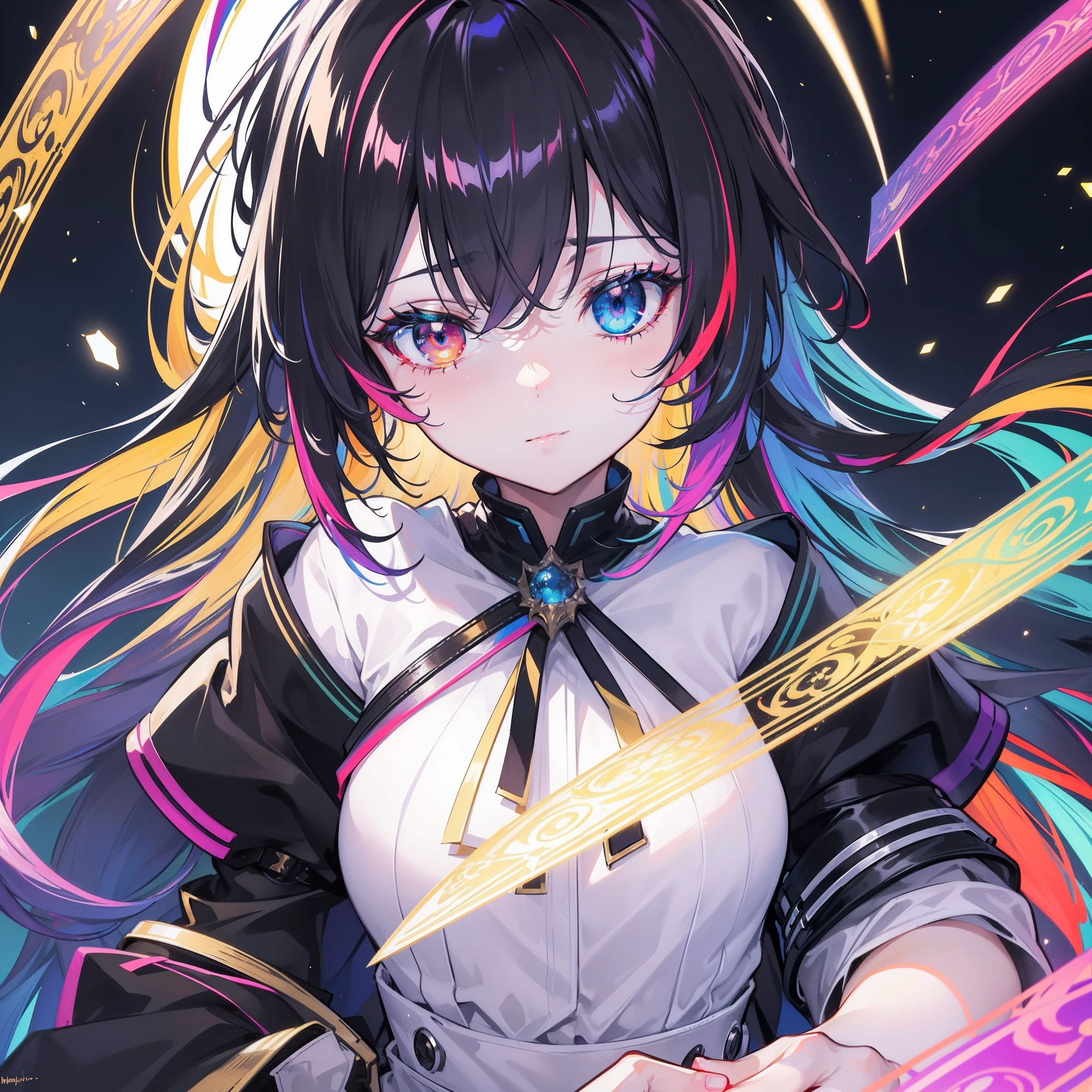 {{masterpiece}}, best quality, extremely detailed CG unity 8k wallpaper, cinematic lighting, lens flare, beautiful detail eyes, black, side glance, multicolor hair, colorful light, particles, heterochromia, (colorful:1.5), (colorful hair:1.5),
