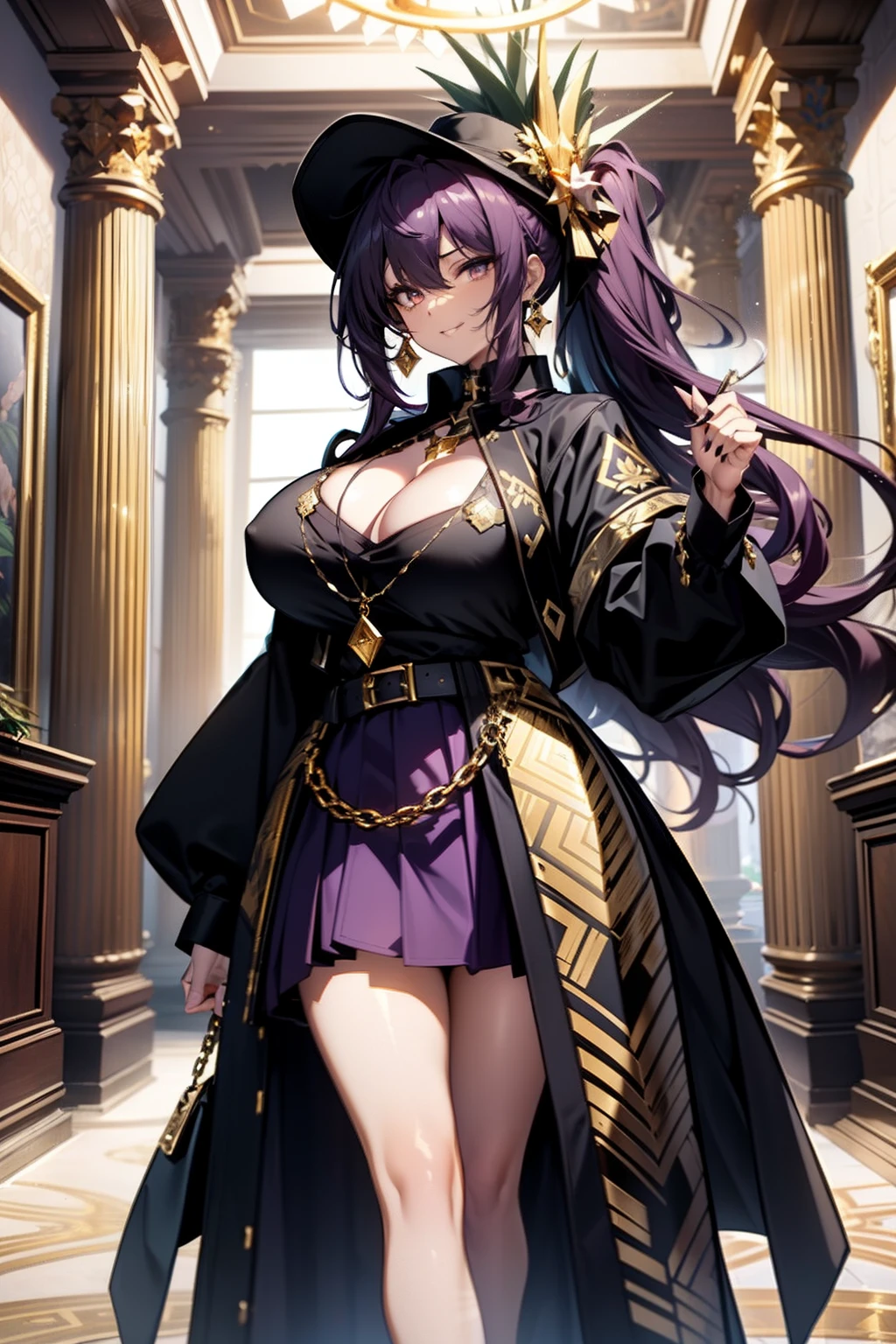 smug woman, long curly dark purple hair in a ponytail, cavalier hat, gold eyes, gold hexagonal earrings, chains, (baggy oversized black shirt with hexagonal designs), black and gold leather skirt, large breasts, ((standing by beautiful tropical mansion)), mansion, ultra HD, masterpiece quality, high quality, top quality, perfect quality, gorgeous quality