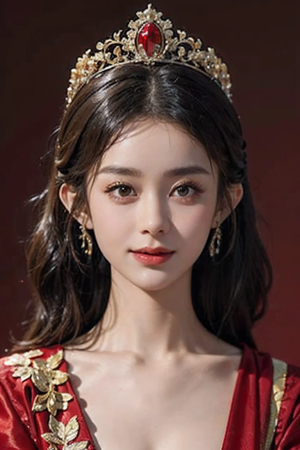 A high resolution, Close-up photo of girl in tiara in red and gold dress, ultraclear, Flawless and delicate face, Truly delicate skin, big breasts beautiful, Delicate and clear eyes, Look at the screen, Simple, (simple red background), Best quality, High details, HD, 16k，（Childlike face，18yr old，）