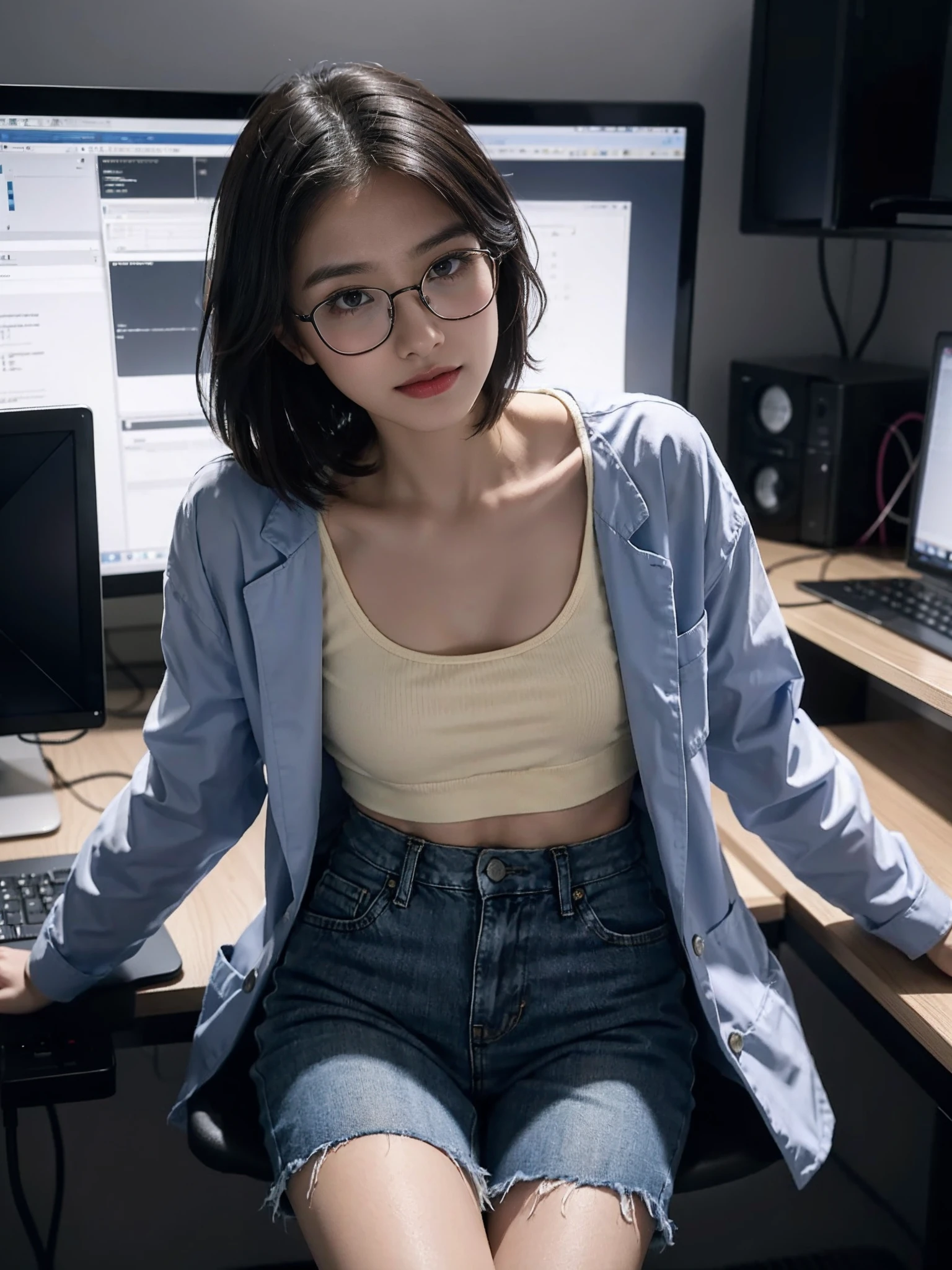 ((smallunderboob,Tomboyish,small heads)), (Well-defined abs: 1.1), (perfect bodies: 1.1), (short-length straighthair: 1.2), Black hair,attractive collarbone，（极其细致的CG 8k壁纸），（Extremely refined and beautiful），（tmasterpiece），（best qualtiy：1.0），（超A high resolution：1.0），upper body photos，[A high resolution]，A beautyful girl，cheerfulness，ssmile，Smooth and flawless fair skin，ultra - detailed ，Elongated legs，flatchest，Slim，emaciated，a girl doctor，in hospital，In the Payment window，At the office，Dim light，Wearing glasses，Wearing a long doctor's white coat，The clothes ar，Black denim shorts，White sneakers，Close-up，Sit in a chair next to your computer desk