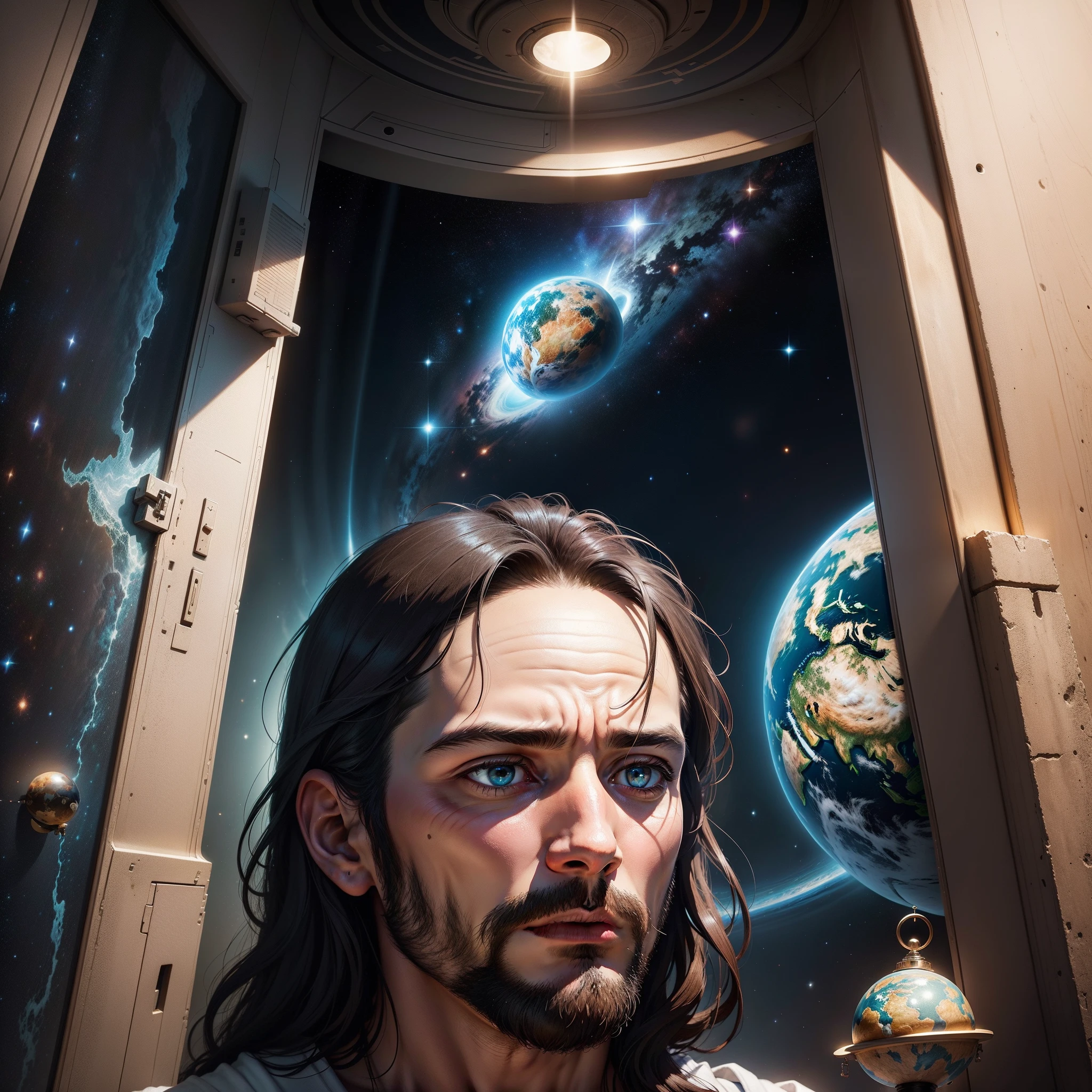 a man Jesus the some of god with extra terrestrial Alien in side a space ship looking at planet Earth out side the space ship (Masterpiece - Illustrations - Detailed - Best Quality)) 8k