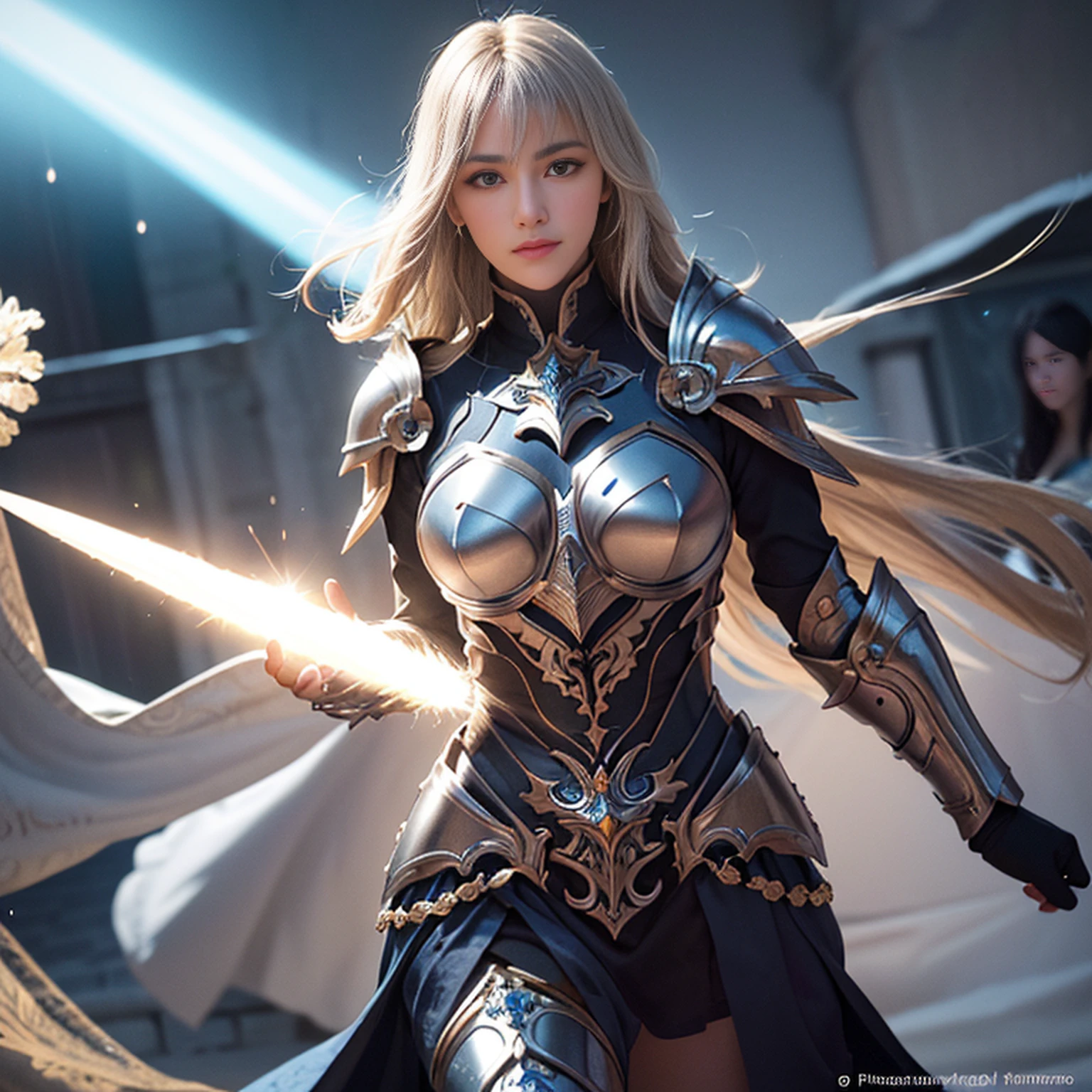 Um majestoso paladino em armadura dourada, Empunhando uma espada cheia de luz, E segurando um escudo dourado gigante. The paladin's blue eyes sparkle with determination as they navigate the dark and mysterious cityscape. O brilho da espada do Paladino iluminava os arredores, Descubra detalhes intrincados,Add a cinematic touch to your composition. The overall aesthetic captures the beauty and depth of the scene, reminiscente da fotografia Fujifilm.