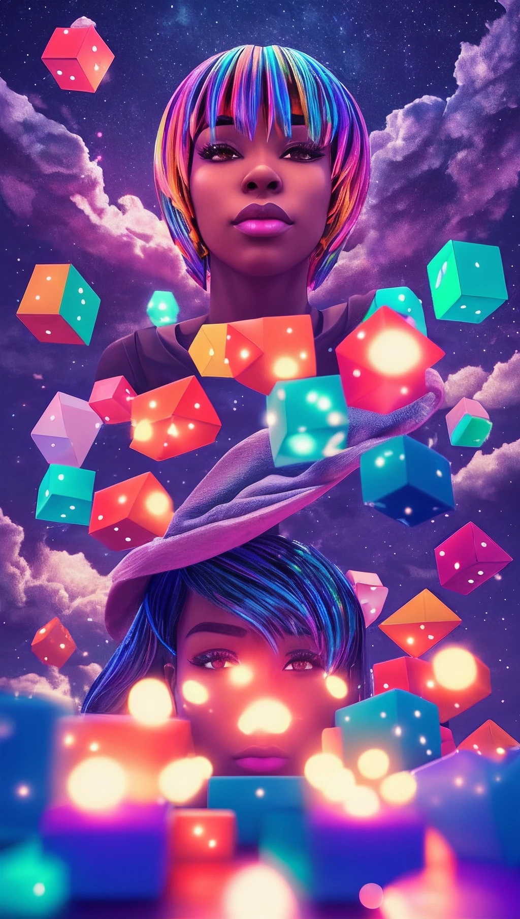 a bunch of cubes in a shape of a black woman floating in the sky among the clouds, night time with the moonlight reflecting on them, with iridescent light, highly detailed images, vibrant beautiful colours, photorealistic image, 8k, ultra HD, unreal engine rendered, cinematic lighting, artgerm style, --auto --s2