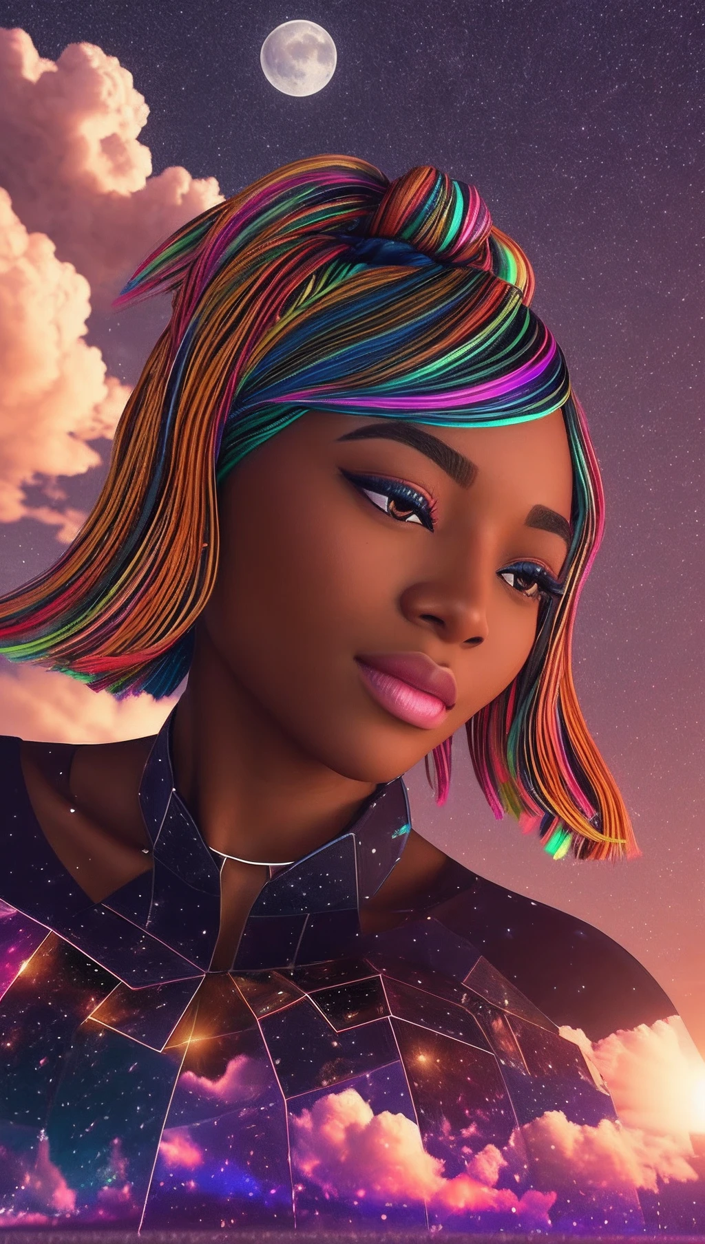 a bunch of cubes in a shape of a black woman floating in the sky among the clouds, night time with the moonlight reflecting on them, with iridescent light, highly detailed images, vibrant beautiful colours, photorealistic image, 8k, ultra HD, unreal engine rendered, cinematic lighting, artgerm style, --auto --s2