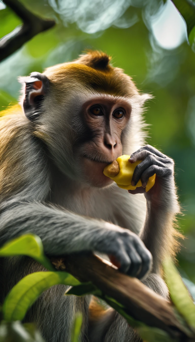 monkey on branch eating banana (detailed)
