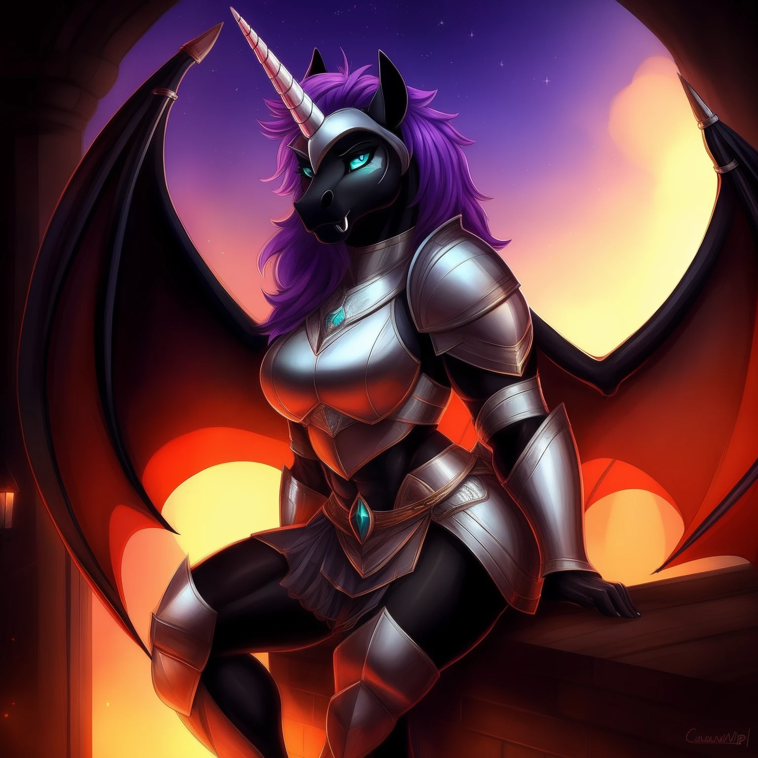 muscular_mature_horse female faded_dark_purple_mane ethereal_mane black_furry_body teal_eyes cat_eyes solo Masterpiece best_quality absurdres highly_detailed cleanly_drawn_eyes heavy_plate_armor fangs bat_wings helmet purple_eyeshadow starry_mane long_black_unicorn_horn horse_snout anthro_only by_clawthedrip leaning_back spread_legs seductive_gaze