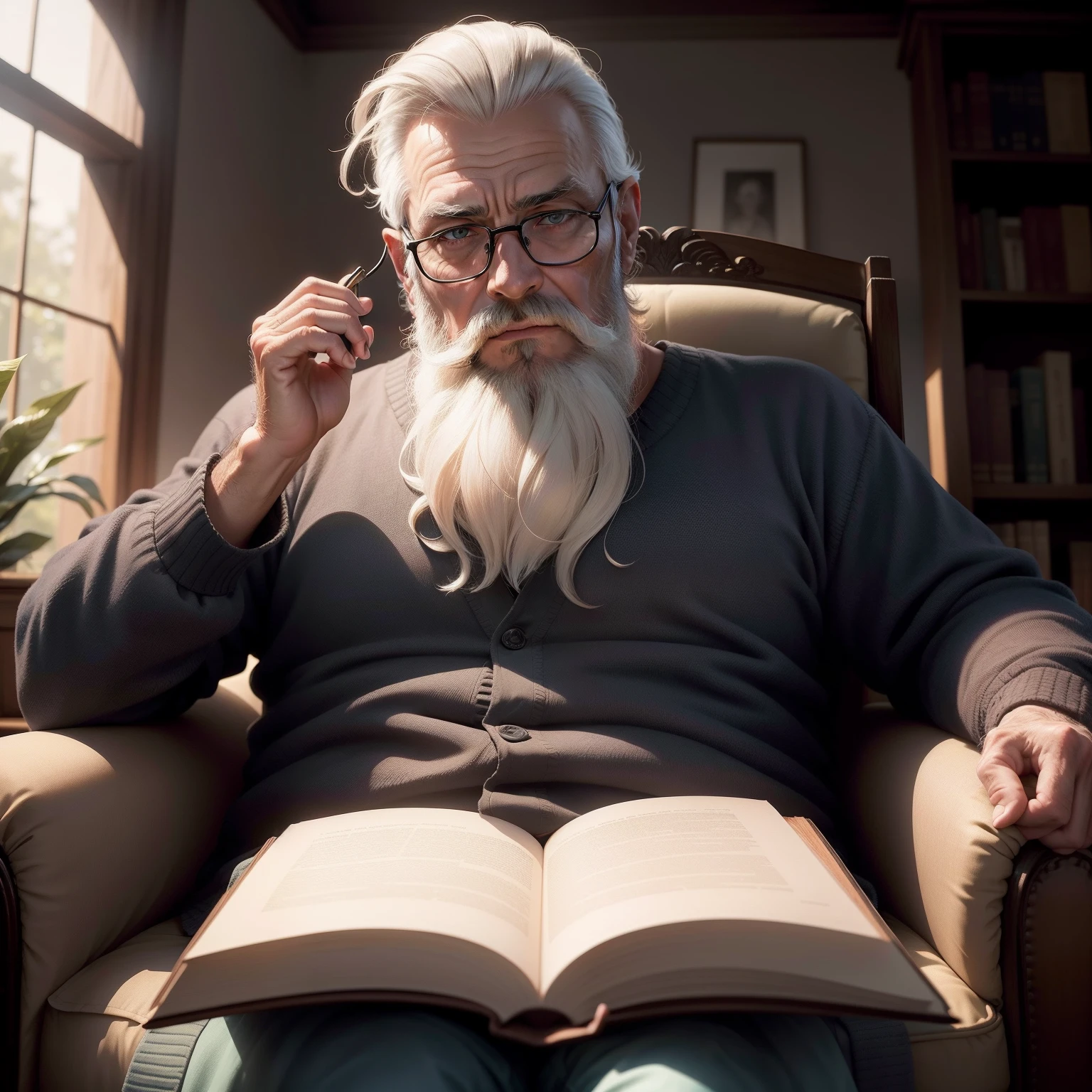 A bearded old man sitting in a comfortable armchair, com o rosto enrugado e uma barba longa e grisalha. His expression is one of deep contemplation, enquanto ele olha para o horizonte com os olhos levemente fechados. Ao seu redor, There are bookshelves filled with old books and a lit fireplace, proporcionando um ambiente acolhedor e inspirador. Sua barba branca reflete a sabedoria acumulada ao longo dos anos, conveying a sense of serenity and tranquility.