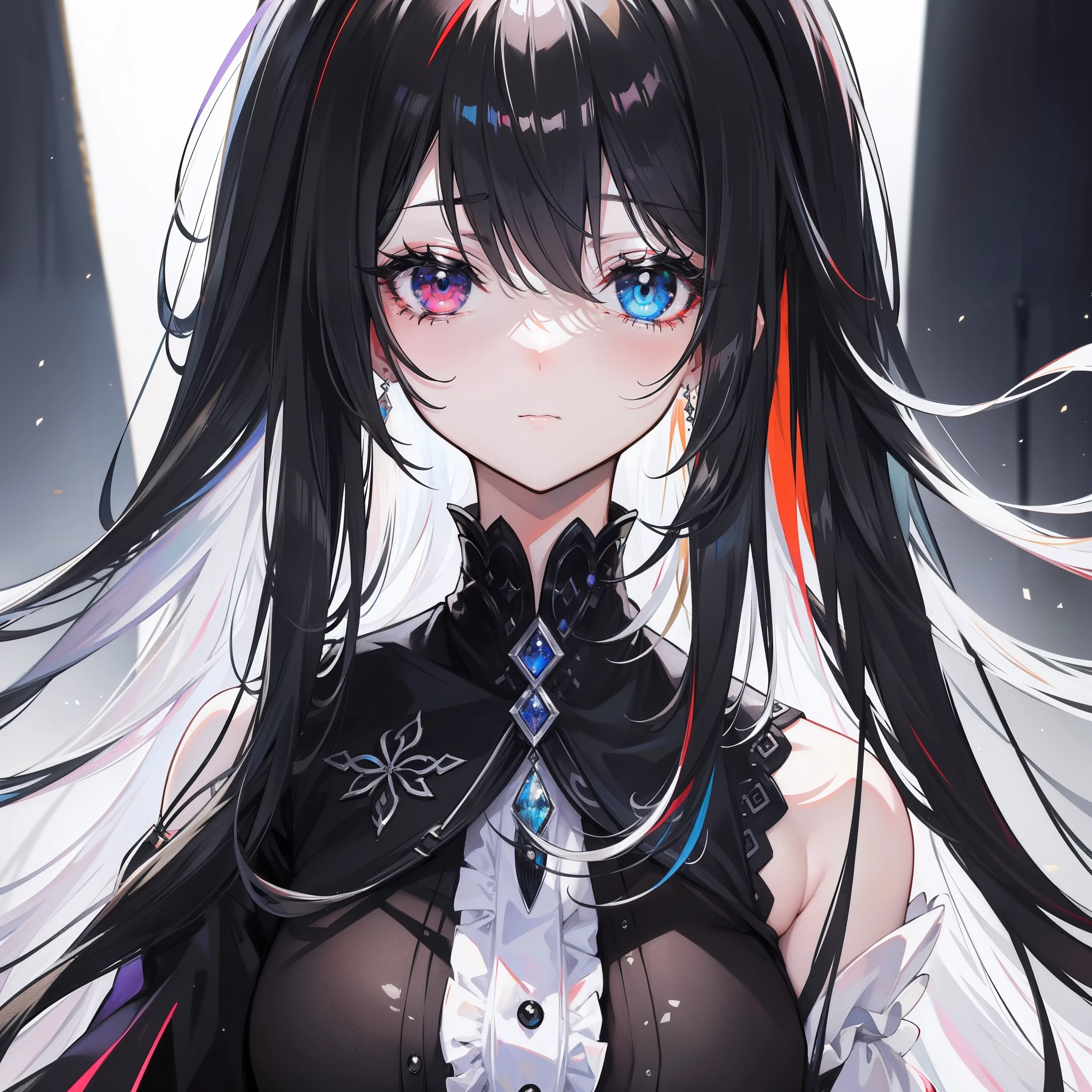 {{masterpiece}}，beatiful detailed eyes，black in color，multicolour hair，Colorful light，particulate，Heterochromia，（a color：1.5），（The color hair:1.5),