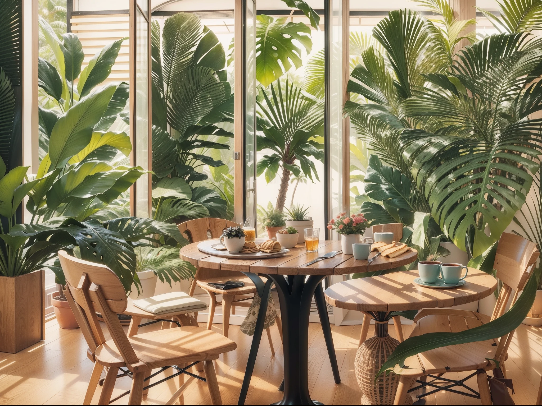 Poster artwork, modern Cafe, crepes and galettes at the tables (oak-colored wood), black and gold element, Nature, monstera, palm trees, single leaf, arrow leaf, detailed, cozy place, 8k, cinematic lighting, masterpiece, illustration,
