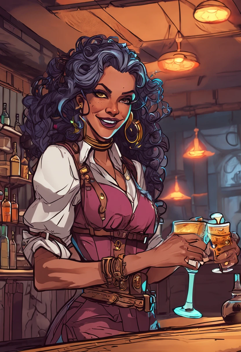 rpg character, best quality, bartender woman, medusa, bartender bard, female medusa, rpg art