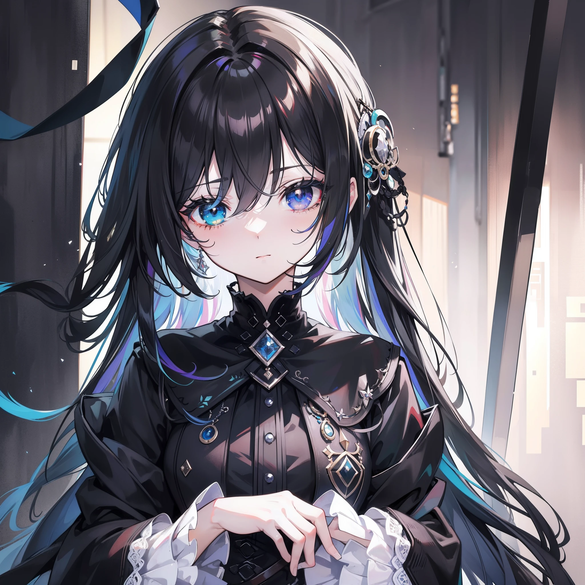 {{masterpiece}},beatiful detailed eyes,black in color,multicolour hair,Colorful light,particulate,Heterochromia,(a color:1.5),(The color hair:1.5),