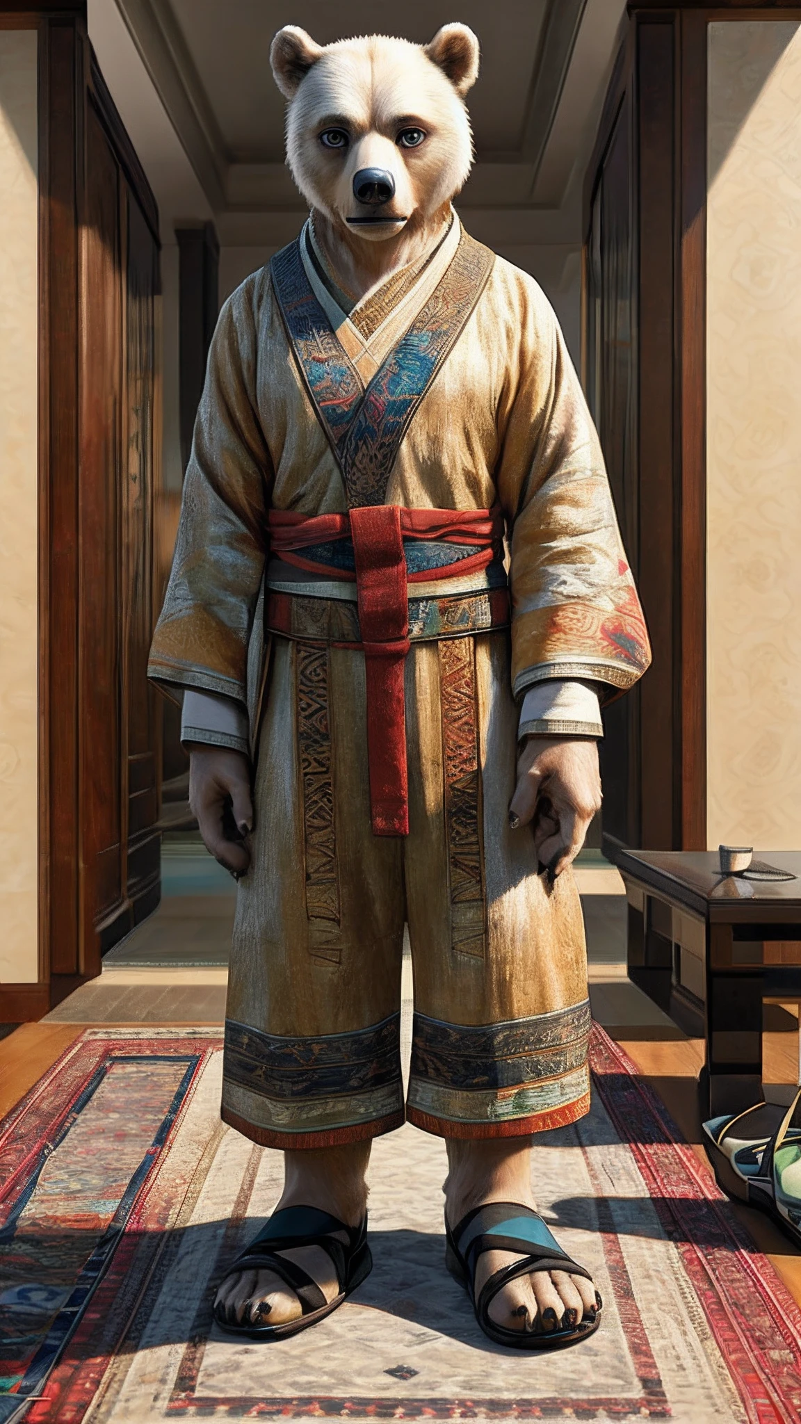 Bionic bear,female,White Hanfu,sandals,Children,Standing on the carpet in the hotel,HD graphics,Detailed and realistic,high detal,high qulity,photo-realistic,photorealistic eye,Detailed paws,Clear eyes,Masterpiece artwork,Five-fingered hands,top-quality,32k,hyper HD