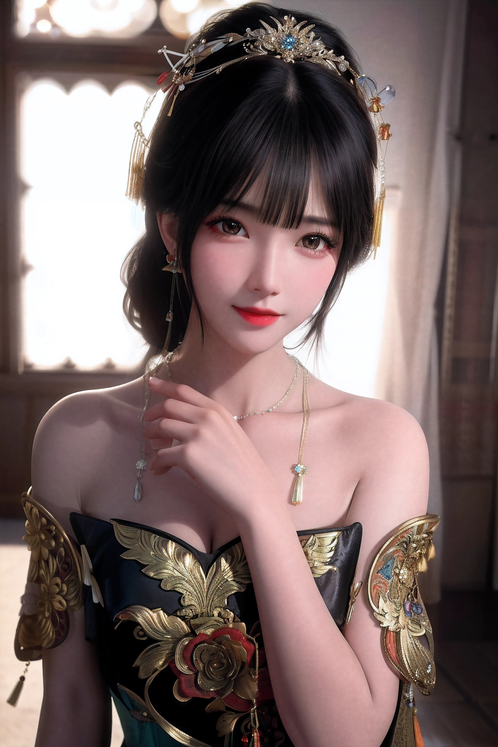 Best quality, masterpiece, high, 1 girl, chinese dress, hair ornament, necklace, jewelry, pretty face, on body, tyndall effect, realistic photo, dark studio, edge lighting, two-color light, (highly detailed skin:1.2), 8k uhd, dslr, soft light, high quality, volumetric light, straightforward, photo, high resolution, 4k, 8k, bokeh,