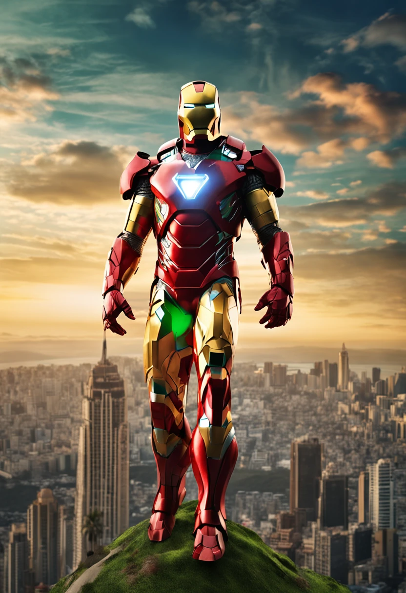 A photo of the Marvel superhero Iron Man, reimagined as a Brazilian hero. He wears a sleek red and gold suit of armor featuring the green, yellow and blue colors of the Brazilian flag. The suit has intricate decorative details referencing Brazilian culture. Iron Man is flying over Rio de Janeiro's iconic Christ the Redeemer statue and city landscape at sunset, repulsor beams glowing from his hands. Highly detailed, digital painting.