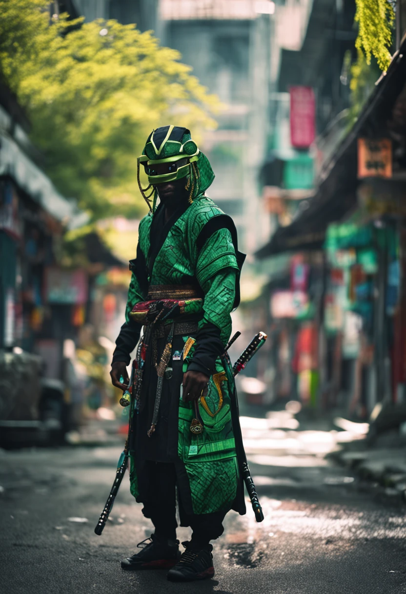 African ronin with his katana in hand of black kimono with green details in cyberpunk