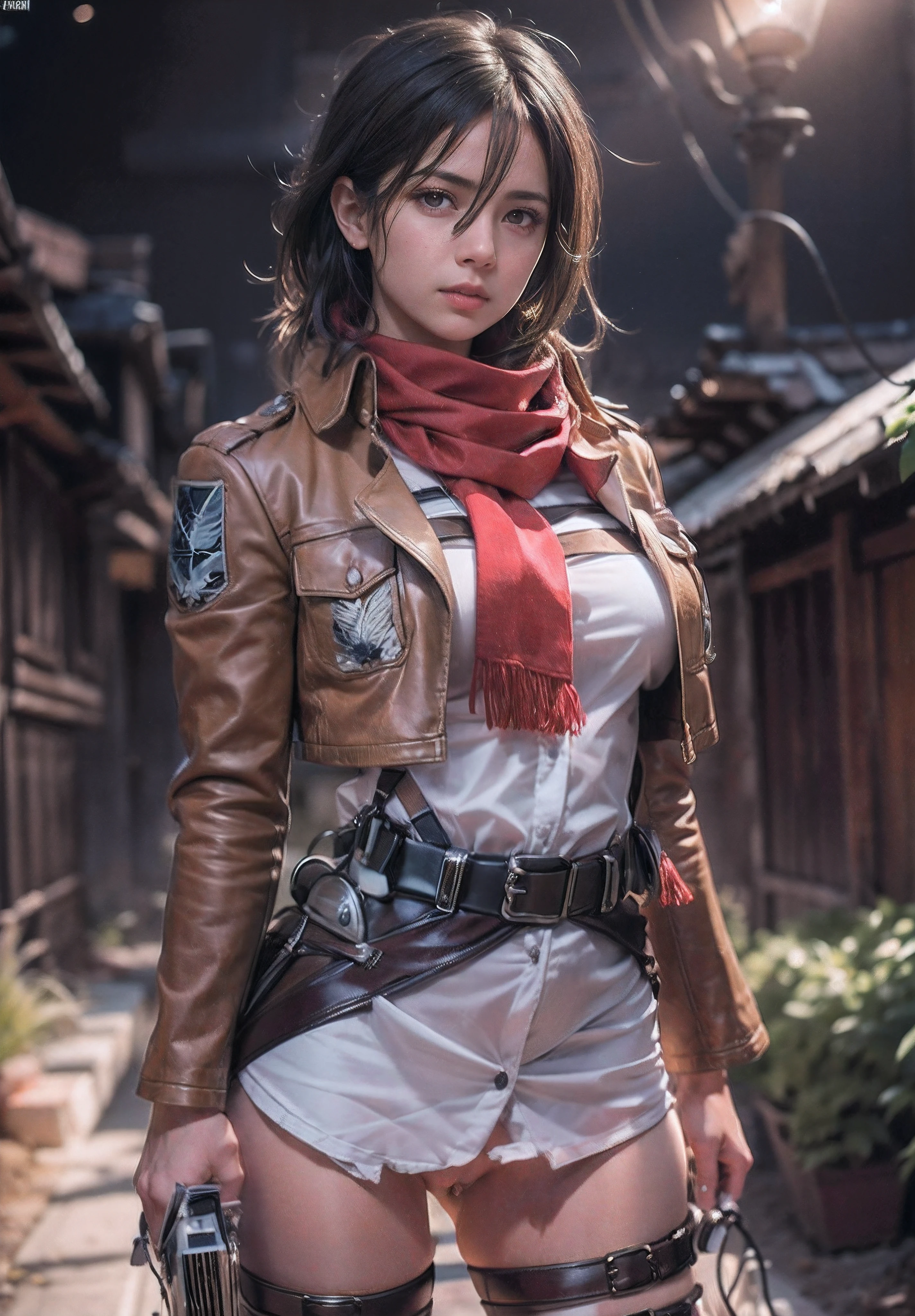 Imagem de Mikasa Ackeman de ((corpo inteiro)), with a red scarf and a brown jacket posing, from attack on titan, gama murata e artgerm, Artgerm extremamente detalhado,  anime sedutora, Estilo Artgerm, mulher bonita sedutora, (1girl em)、(realisitic)、( fotorrealista:1.5)、Batomornsardas、cabelos pretos, 8k UHD、(filmgrain) extremamente delicado e bonito、8k, alta qualidade、alta resolução, ju、ighly detalhado、((Durante a noite))、(brilho da luz da lua) 、belos olhos detalhados、 olhos e rosto extremamente detalhados、obra prima、(lighting like a movie)、(pele de alto detalhe:1.2)、8k UHD、Digital SLR、a strong illumination of fire、alta qualidade、filmgrain、obra prima, qualidade superior, alta qualidade, alta resolução, ((muito nitido)), Photo taken with long-range professional camera, alta qualidade, preservar face,