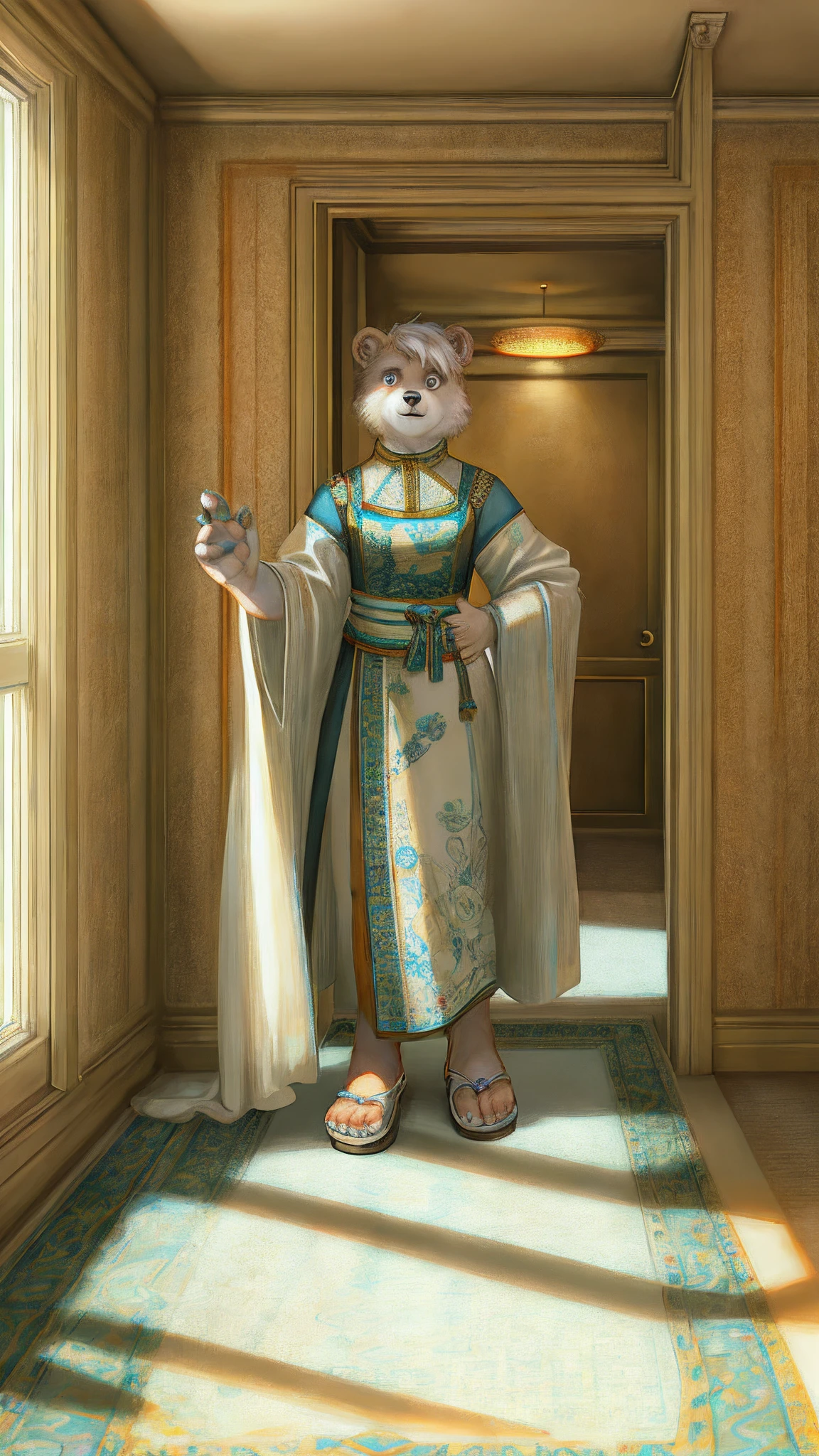 Bionic bear,female,White Hanfu,sandals,Children,Standing on the carpet in the hotel,HD graphics,Detailed and realistic,high detal,high qulity,photo-realistic,photorealistic eye,Detailed paws,Clear eyes,Masterpiece artwork,Five-fingered hands,top-quality,32k,hyper HD