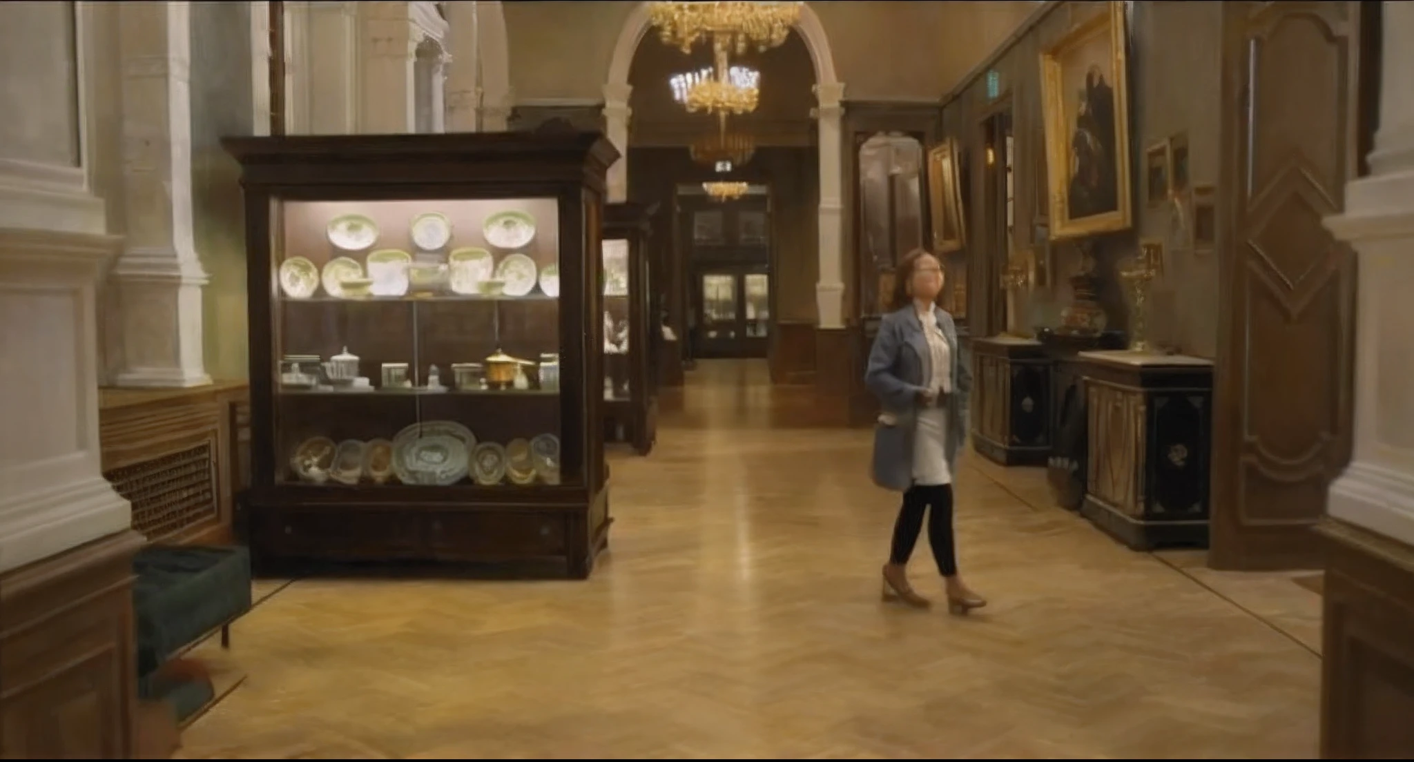 Asian woman,screenshots from movies,Background museum,Cinematic lighting effects,