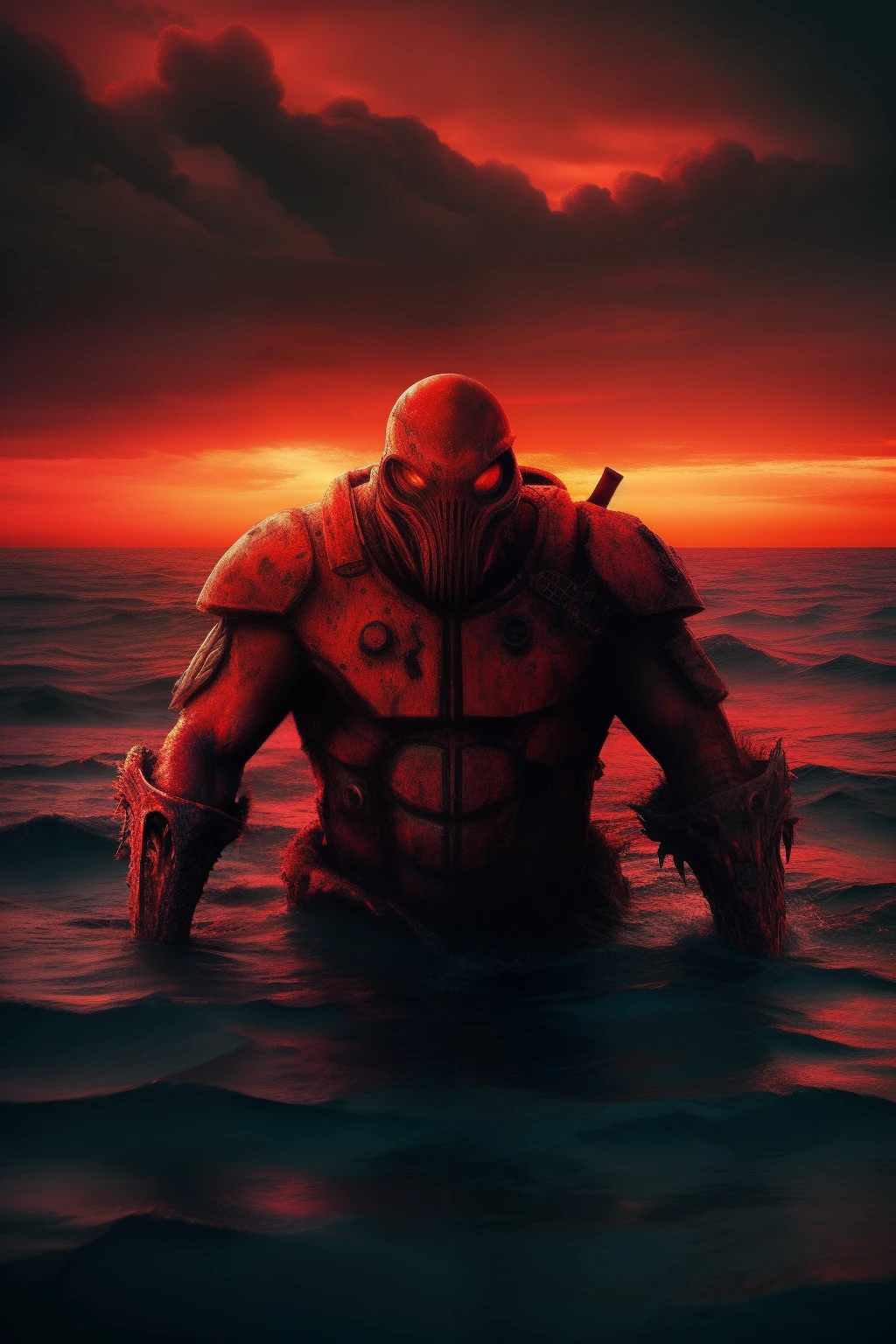 In the rapidly polluted waters, a mutated monster attacks the human vessel,antagonism,MuCoi,nausea,Unknown marine life,Armageddon,Wasteland,The end of the world,blood red colored sky,8K,