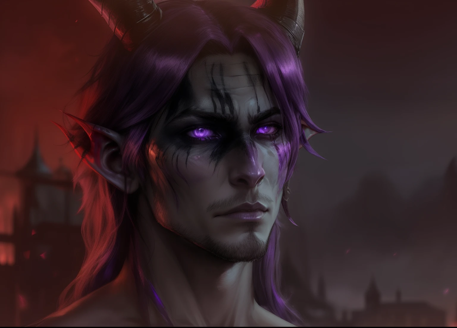Tiefling, Baldur's Gate, Horns, Long messy hair, bright purple eyes, facial scars