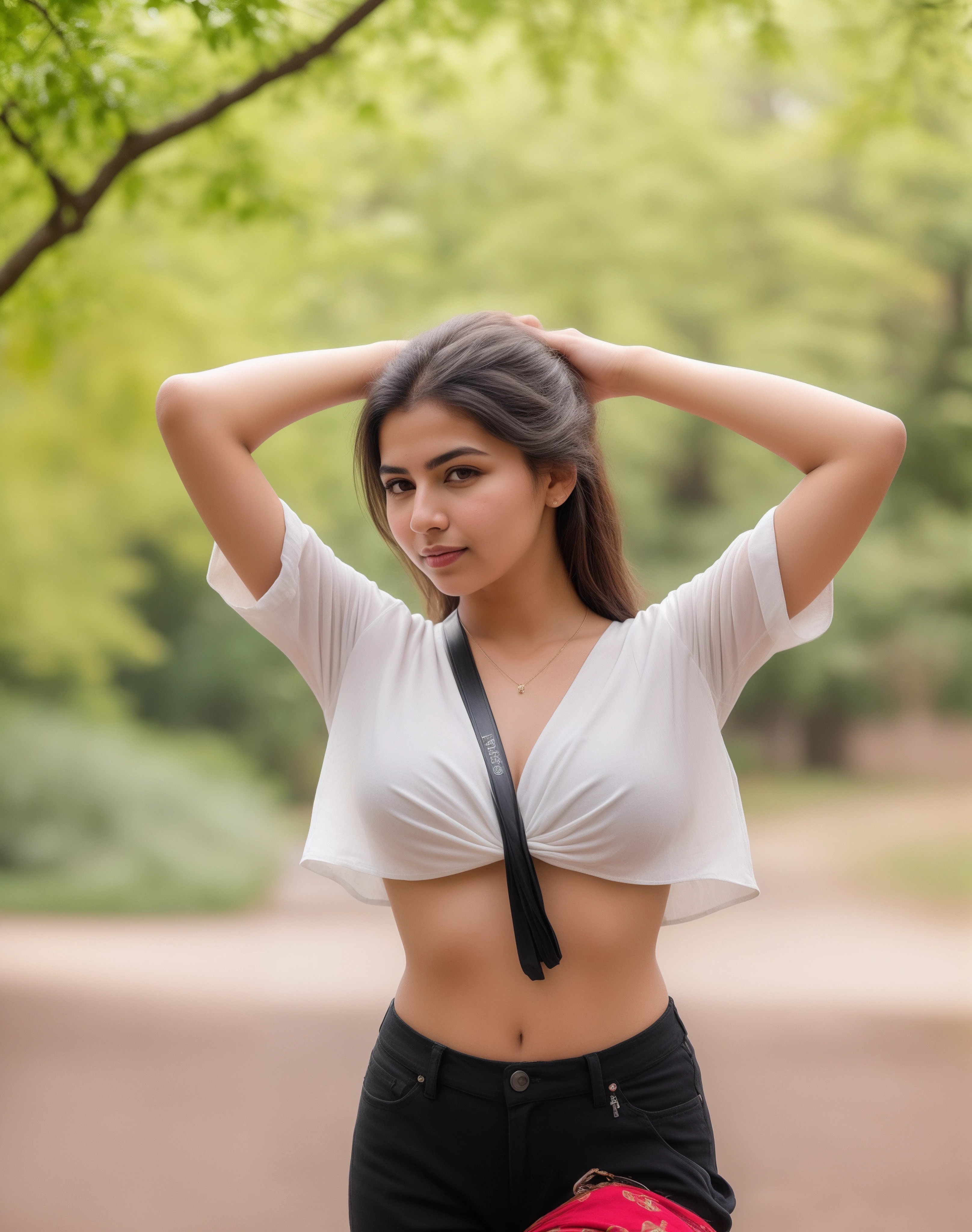 ((RAW, analog style)), face, extremely detailed full body color photo of a 25 y.o girl, beautiful face, beautiful eyes, ((small nose)), big natural lips, ((fabric crop top)), small breasts, slim body, outdoor, trees, ((film grain, skin details, high detailed skin texture, 8k hdr, dslr)), indian female model divya bharti