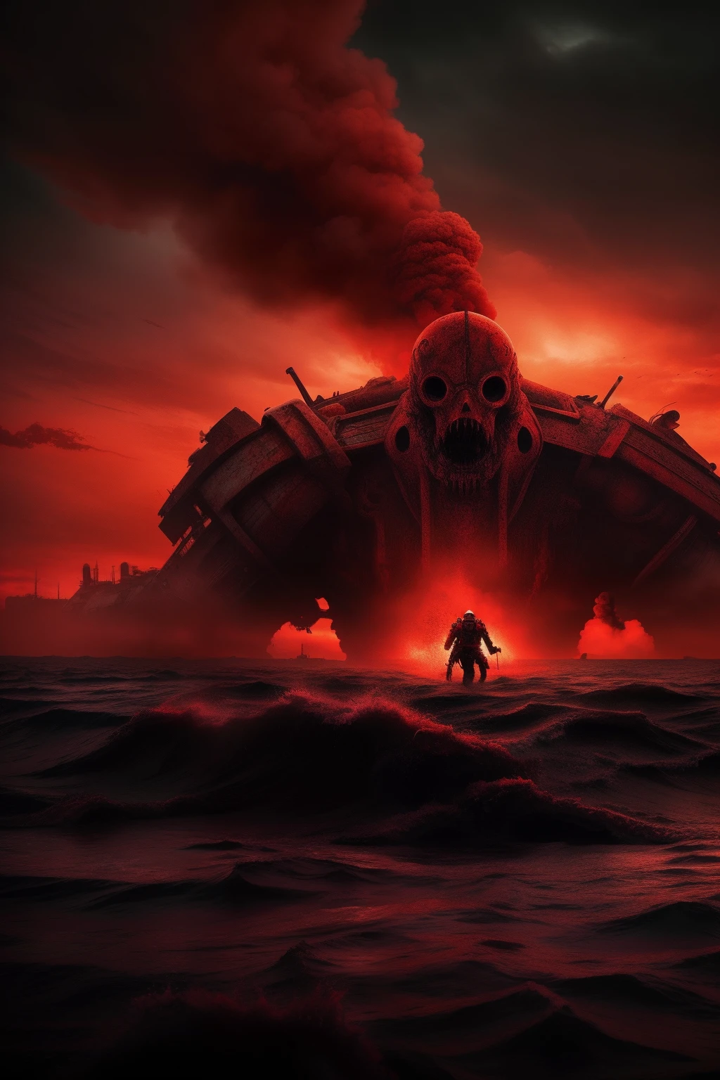 Create something in the monstrous surealist art style, pink and orange colors, lonely, transmit fear, show