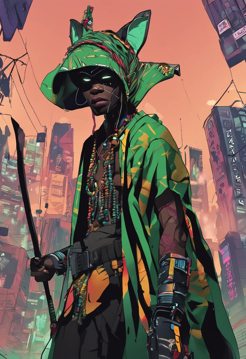 African personagen in black and green kimono mask and hood with a cyberpunk style katana at the waist
