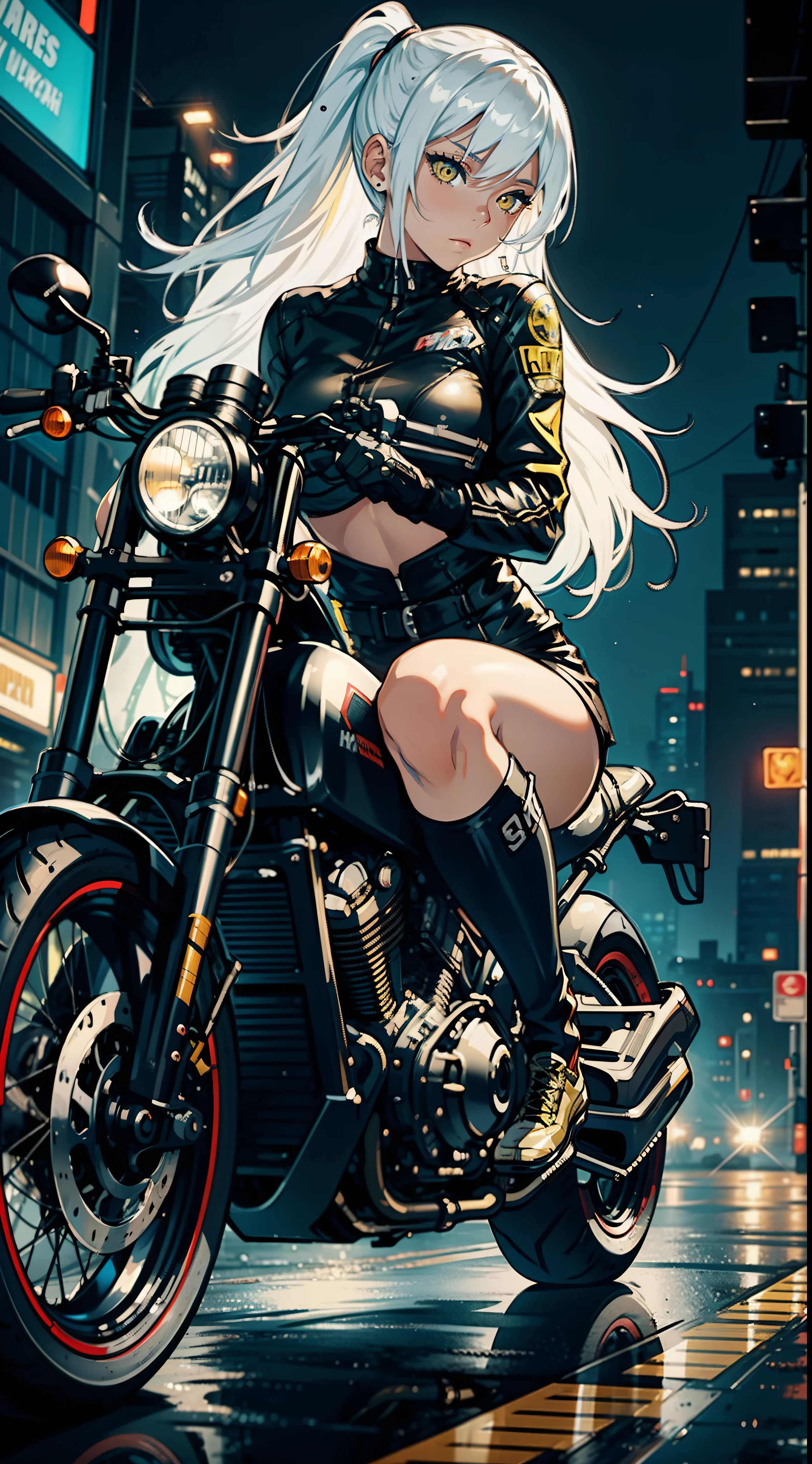 19 year old girl, She has snake eyes, Long white hair, Yellow eyes, motorcycle, Look in the direction of the camera, She wears tight clothes, Very tight, A sword hanging on her back, Night time, Reflection of bike lights on puddles of water, On the outskirts of the city, ultra detail, super detail, more detail about the motorcycle, motorcycle, more body detail, human body detail, black motorcycle with yellow lines, focus on the face detail, human face, more detail, two hands, two legs, one head, the girl separated from the motorcycle, more detail