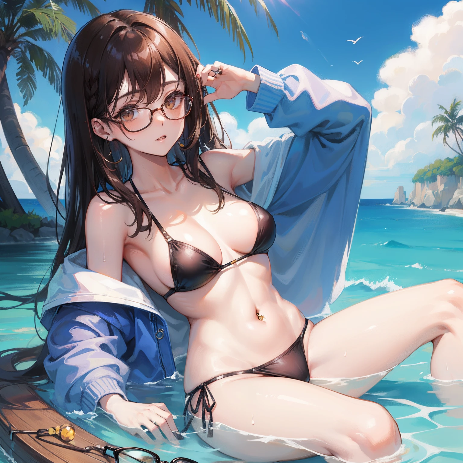 1人の女性、brown haired(Curta)、Brown eyes、Black-rimmed glasses、Ring piercing of the earlobe、Mare、swim wears(The bikini)、NSFW