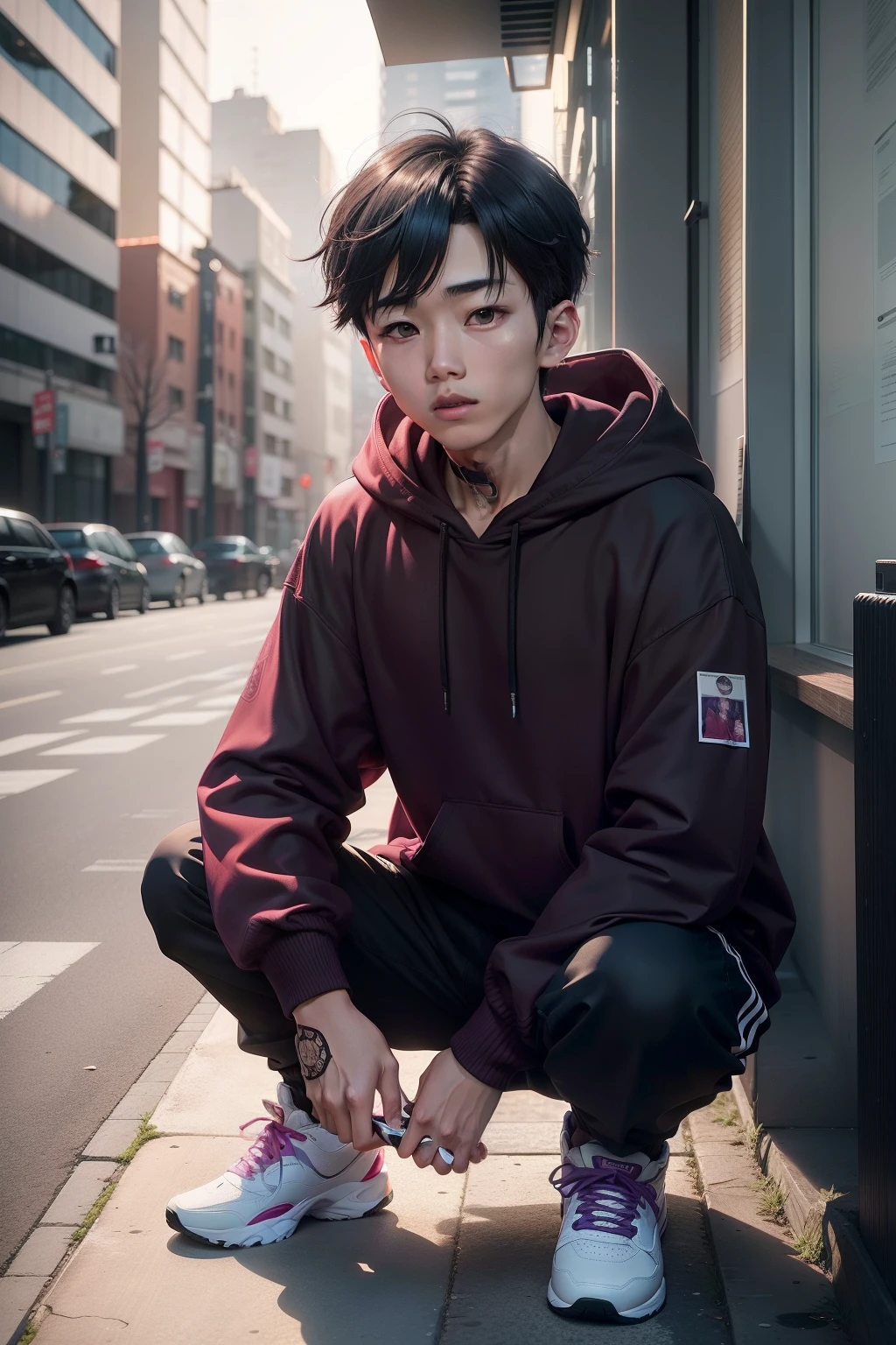 young boy in a maroon hoodie and black pants, shigeto koyama, shigeto hirai yuya, jc park, in a hoodie, young man in a purple hoodie, steven jung, hong june hyung, hyung tae, instagram picture, jimin, hypebeast, kentaro, akira yoshizawa, daisuke tsutsumi