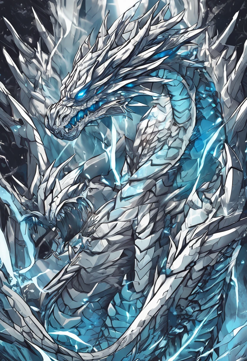 Close-up of a dragon with a large head，Blue-eyed White Dragon Tenryu，Huge dragon background，yugioh art style，Legendary Dragon，colossal dragon in background，Crystal Dragon，yugioh card，sliver ice color reflected armor。