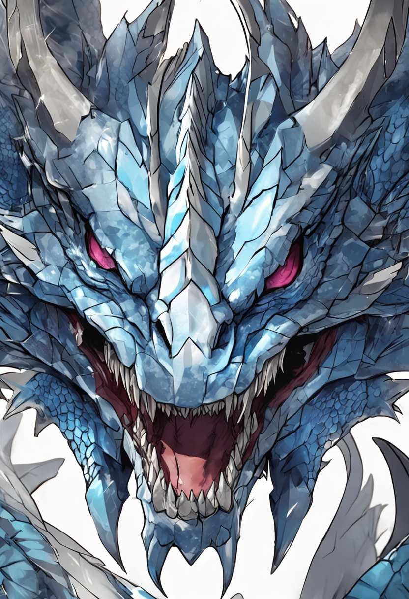 Close-up of a dragon with a large head,Blue-eyed White Dragon Tenryu,Huge dragon background,yugioh art style,Legendary Dragon,colossal dragon in background,Crystal Dragon,yugioh card,sliver ice color reflected armor。