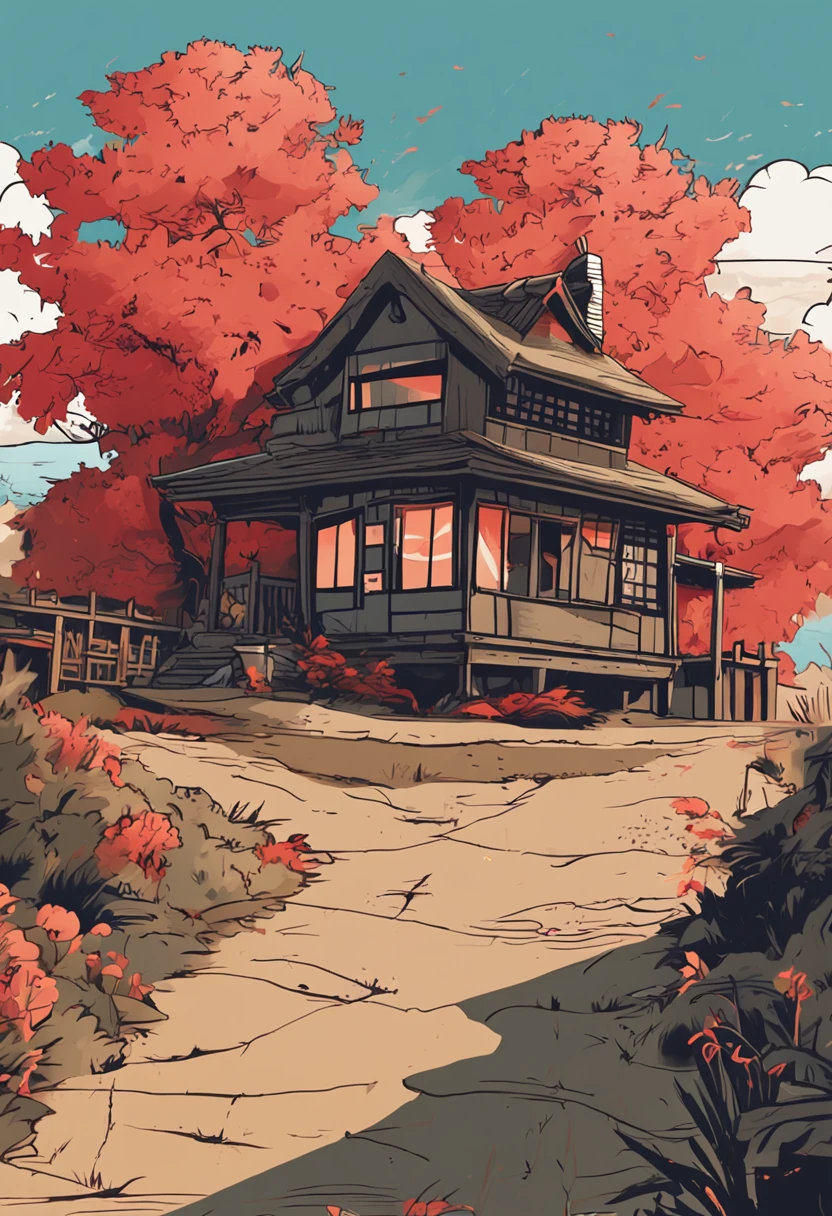A text design featuring the quote "A place where someone still thinks of you is a place you can call home. - Jiraiya Sensei". The quote is written in stylized English font, with "Jiraiya Sensei" in Japanese characters. Placed over a background image of a nostalgic countryside house at sunset, with warm light coming from the windows. Surrounded by red Japanese maple leaves floating in the wind. In the style of an inspirational social media quote graphic.