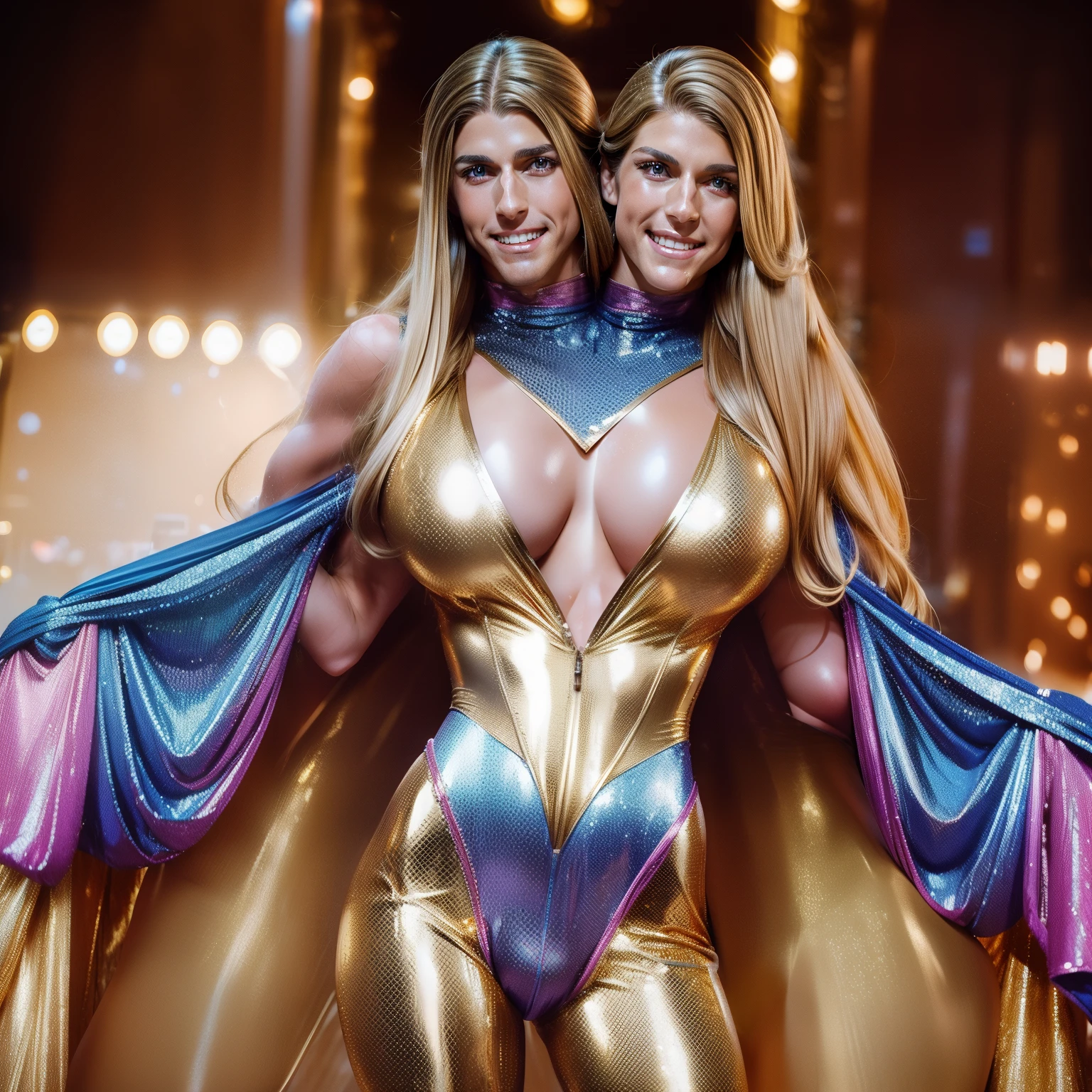 (2heads), crossdressing American man, no facial hair, very feminine face, gold unitard,((very big bulge visible)) , no body hair, long blonde hair, long light brown hair, sexy smile, standing, posing, , very wet skin, huge breasts, ,((huge bulge)), posing on a catwalk at a fashion show