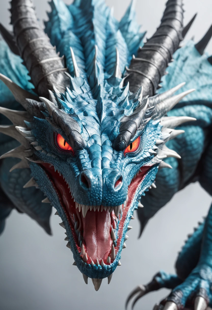 Close-up of a dragon with a large head,Blue-eyed White Dragon Tenryu,Huge dragon background,yugioh art style,Legendary Dragon,colossal dragon in background,Crystal Dragon,yugioh card,sliver ice color reflected armor。