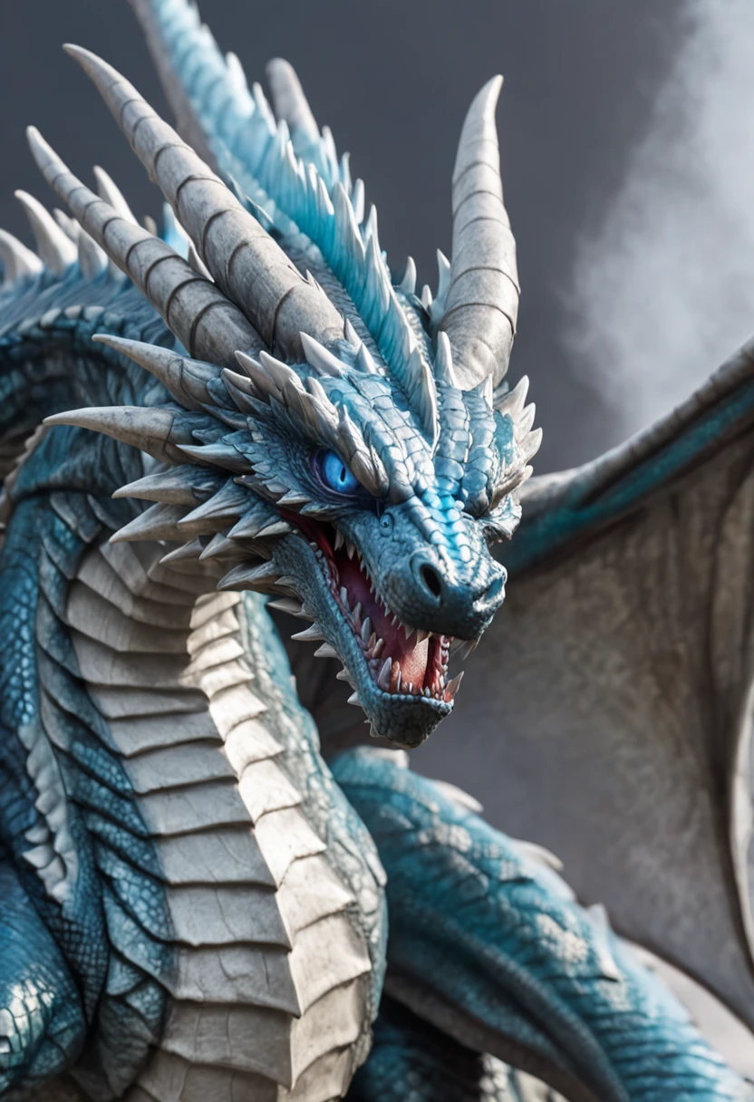(White Celestial Dragon) ..com (penetrantes ojos azules),Primer plano soltando (Fuego de sangre) por la nariz,EscUnfortunately bulumetric,Alta calidad,8k,Muchos detalles,Paticulas de Fuego,Desgraciadamente,4 patas,Garra manchada,oro,peligro,fuego,dientes afilados,giant dragon,Colosal,amenazadoramente,Imponente,Escamas doradas