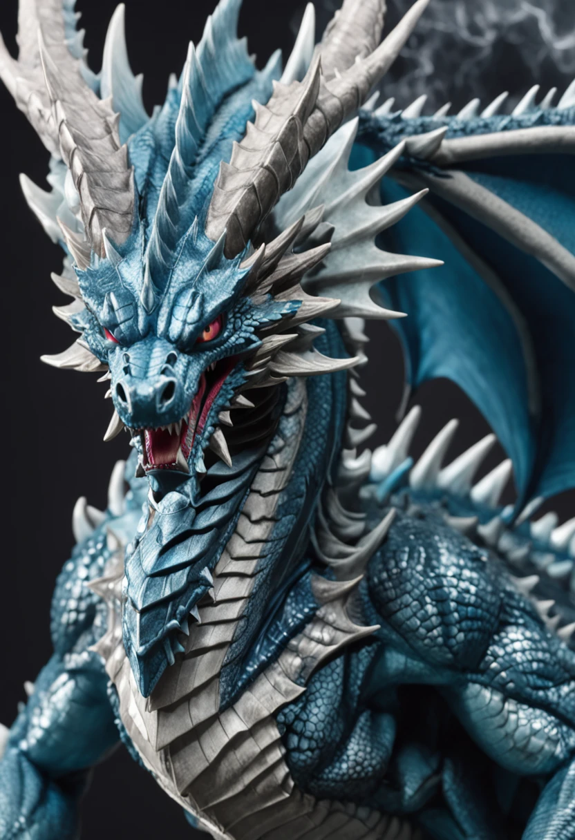 Close-up of a dragon with a large head,Blue-eyed White Dragon Tenryu,Huge dragon background,yugioh art style,Legendary Dragon,colossal dragon in background,Crystal Dragon,yugioh card,sliver ice color reflected armor。